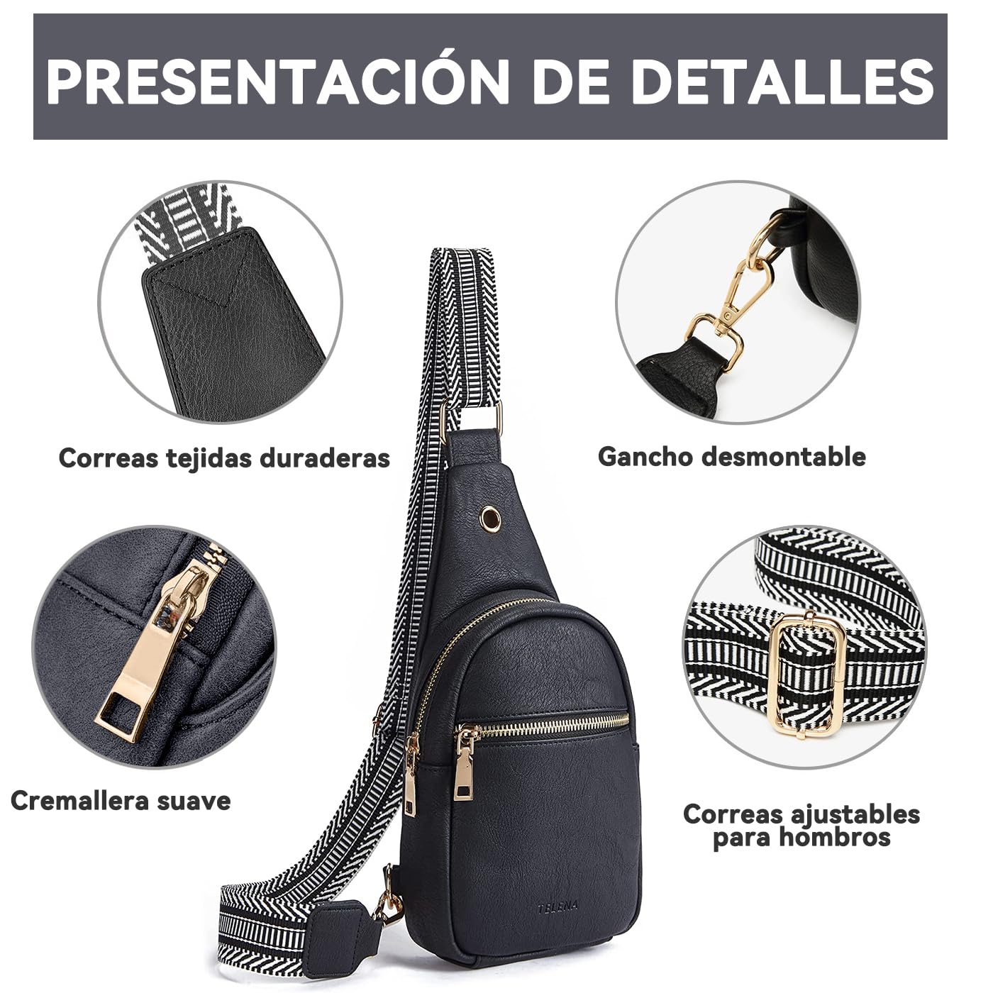 Riñonera Moda Deportiva de Piel Negra con Correa Ajustable para Mujer