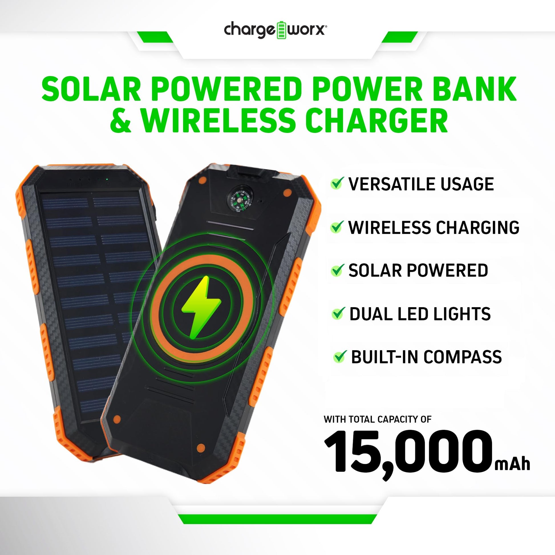 CHARGEWORX - Banco de energía Solar con 2 Puertos USB-A más Puertos de Carga USB-C y Micro-USB, Capacidad de 15.000 mAh, Incluye brújula y linternas LED duales, Ideal para Camping, Senderismo y más
