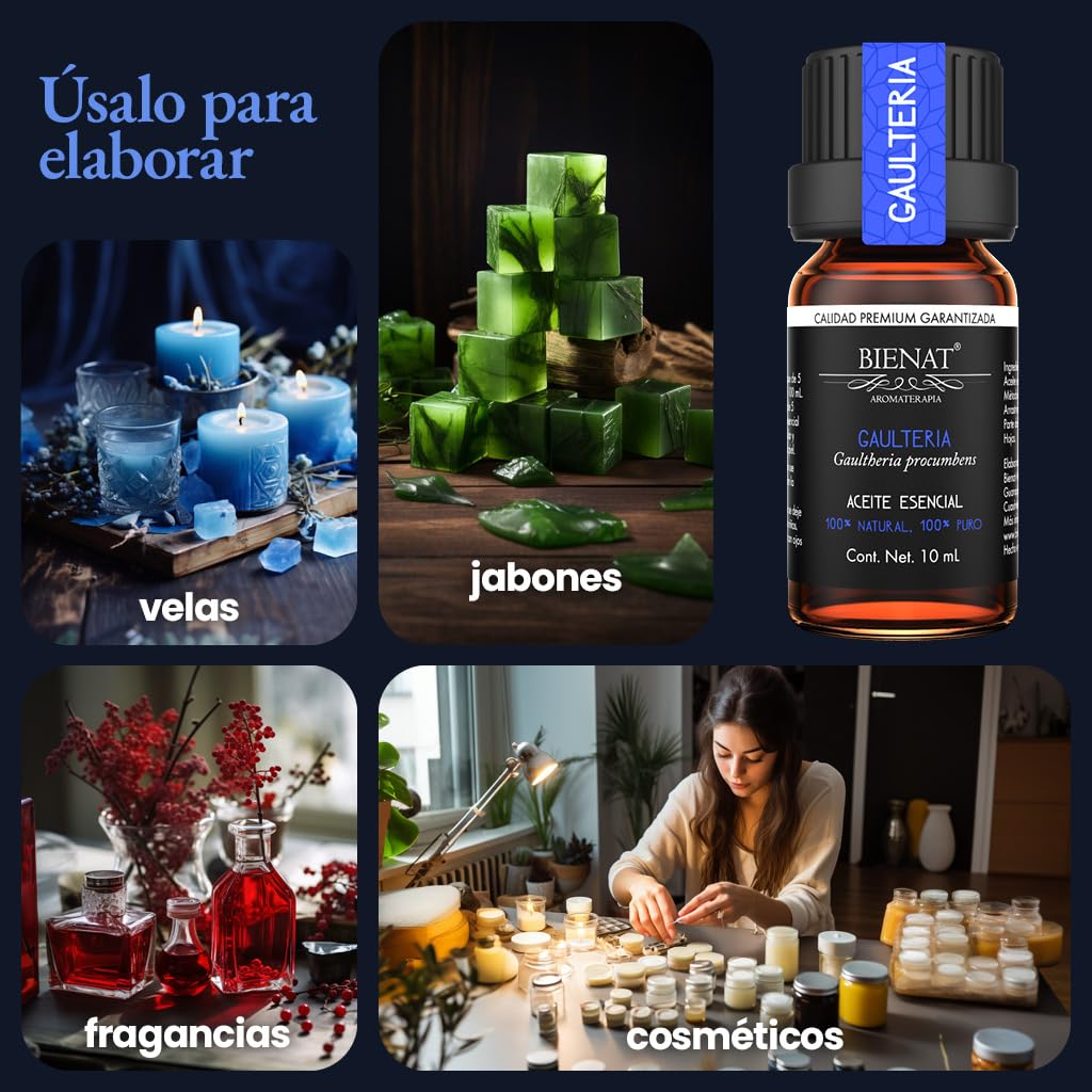 BIENAT AROMATERAPIA Aceite Esencial de Gaulteria 10mL | 100% Puro y Concentrado | Ideal para Difusor de Aromas, Humidificador, Aromaterapia, Masajes, Meditación, Jabones y Velas | Esencia Natural en Gotas