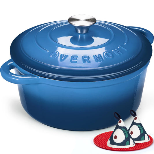Overmont - Horno holandés de hierro fundido esmaltado, utensilios de cocina de 7 cuartos con tapas de algodón resistentes al calor, olla de esmalte resistente con tapa para estofados, asar pan y