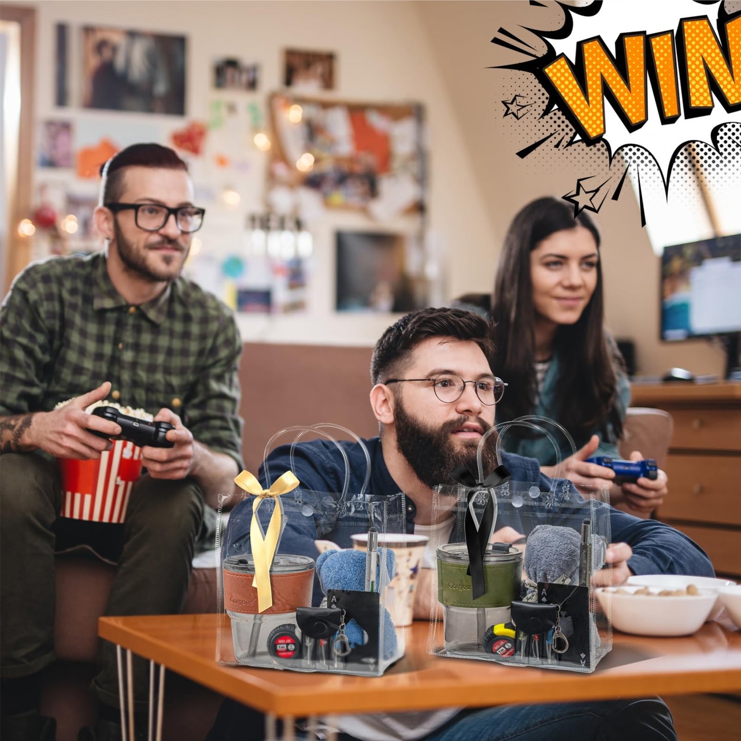 Buecobby - Juego de 2 premios para baby shower para hombres, con paño de limpieza de vasos de vidrio, mini destornillador, juego de llaveros, multiherramientas, premios divertidos y útiles para