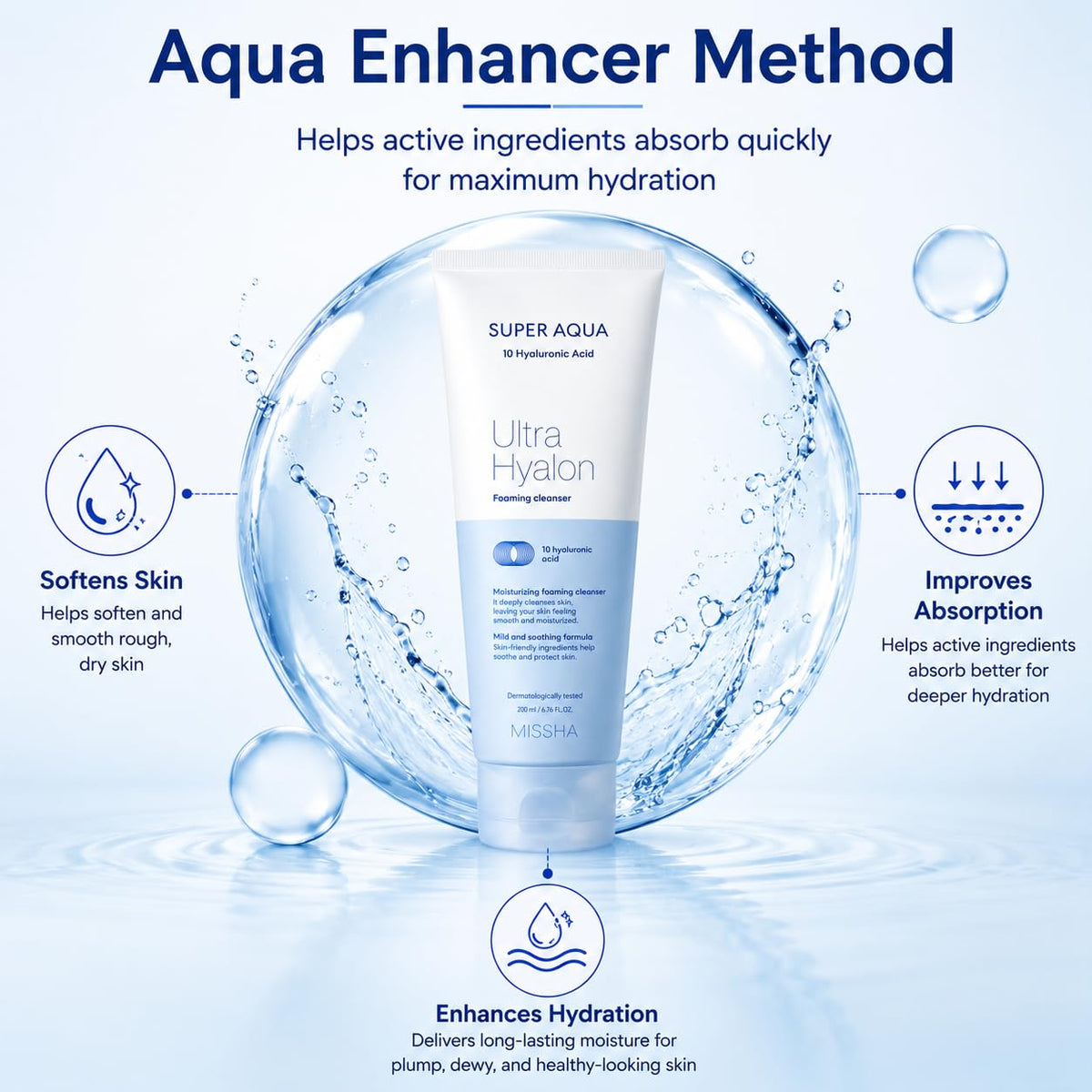MISSHA- LIMPIADOR FACIAL EN ESPUMA: La línea Super Aqua de MISSHA está diseñada para mantener tu piel fresca. Nuestra espuma limpiadora Super Aqua Ultra Hyalron es un limpiador facial en espuma hidrat