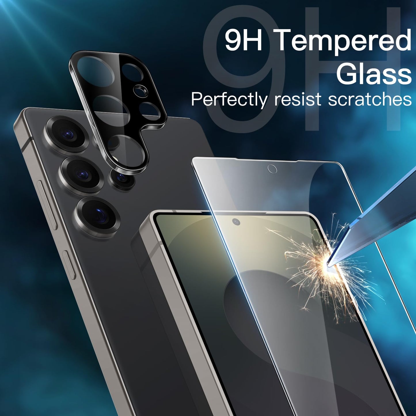 JETech 5 en 1 Funda Mate para Samsung Galaxy S25 Ultra 5G con 2 Protector Pantalla y 2 Protector Lente Cámara, Carcasa Respaldo Translúcida, Mica Cristal Vidrio Templado (Negro Titanio)