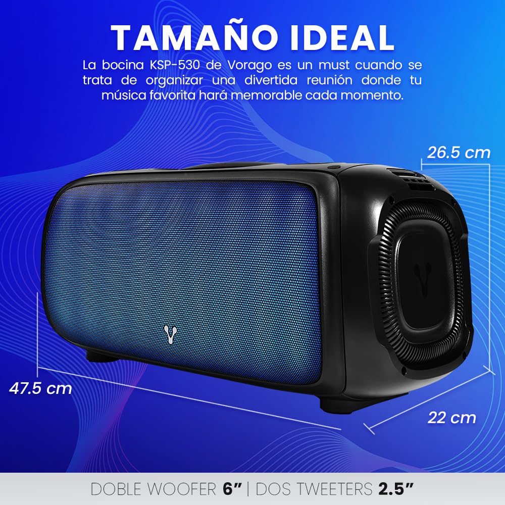 Bocina Portátil Bluetooth Vorago TWS Exterior Recargable con Micrófono y Control Remoto