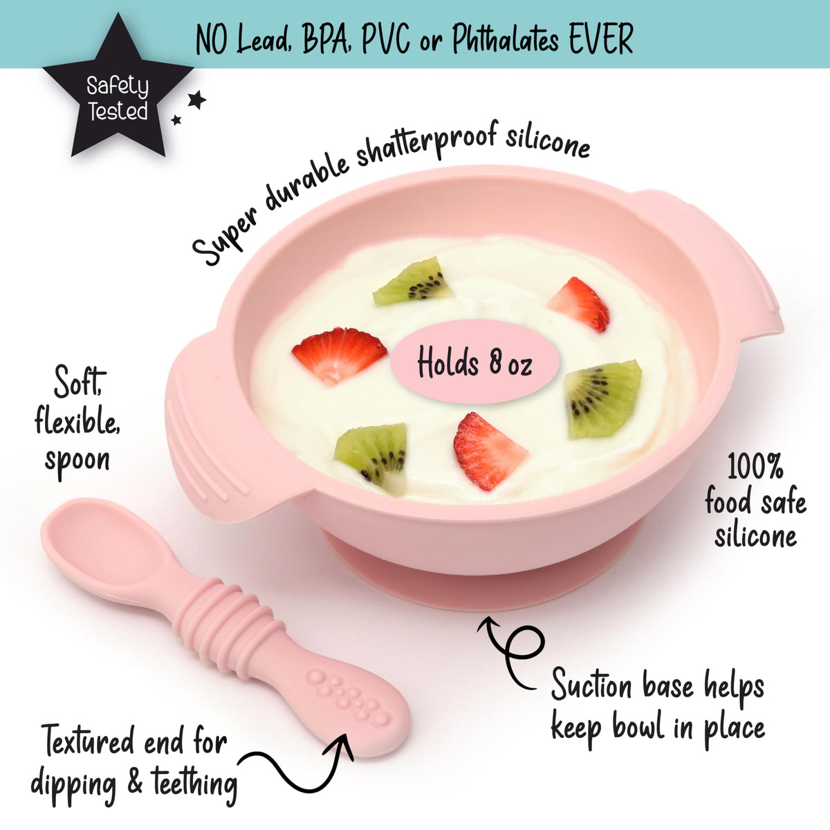 PrimaStella - Cuenco de silicona antideslizante dividido con ventosa para bebés y niños pequeños | Seguridad probada | Libre de BPA | Apto para microondas, lavavajillas y horno | Cuchara incluida (rosa)