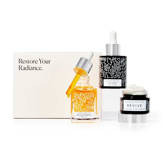 Naked & Thriving Rutina Restauradora Nocturna | Renew Night Serum (30 Ml) + Crema Para Ojos Revive (15 Ml) + Aceite Facial Rejuvenecedor (35 Ml) Con Péptidos, Escualano, Ácido Hialurónico Y Ah