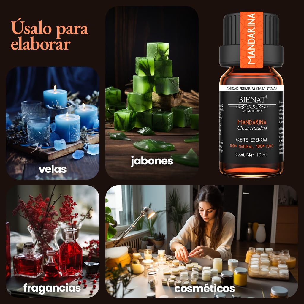 BIENAT AROMATERAPIA Aceite Esencial de Mandarina 10mL | 100% Puro y Concentrado | Ideal para Difusor de Aromas, Humidificador, Aromaterapia, Masajes, Meditación, Jabones y Velas | Esencia Natural en Gotas