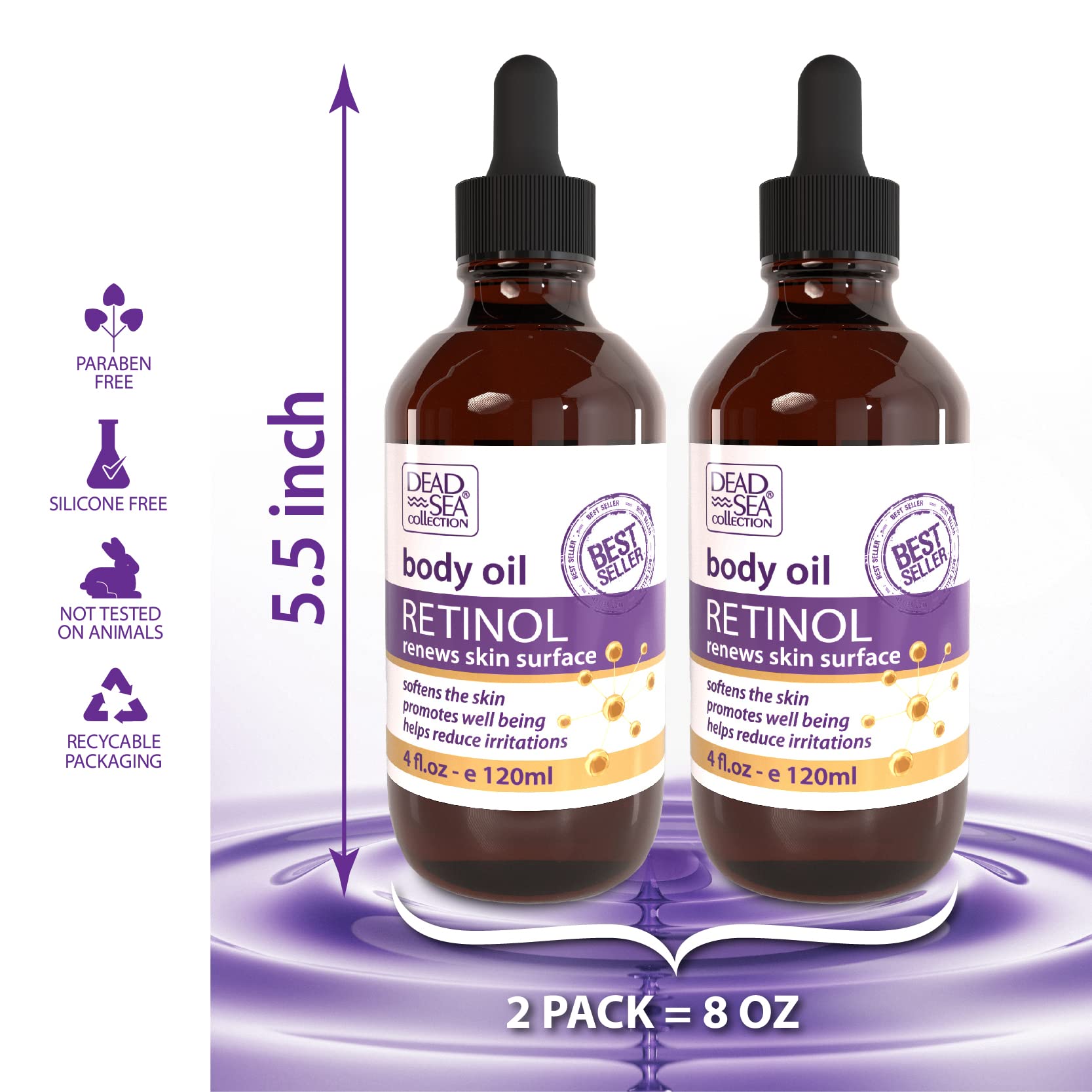 Dead Sea Collection VERSAINSECT ollection Body Oil with Retinol - Dry Skin Moisturizer and Hydrating Massage Oil - Nourishing Bath Oil-Increase Skin Elasticity and Provide Anti-Aging Support for Your Body (Pack of 2)