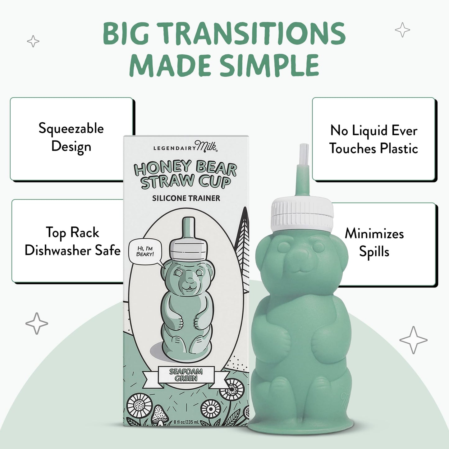Legendairy Milk Vaso de silicona con pajita Honey Bear para bebés (verde/frambuesa), 225 g. Apto para lavavajillas, silicona de grado alimenticio, vaso para bebés Honeybear para niños de 4 años en ade