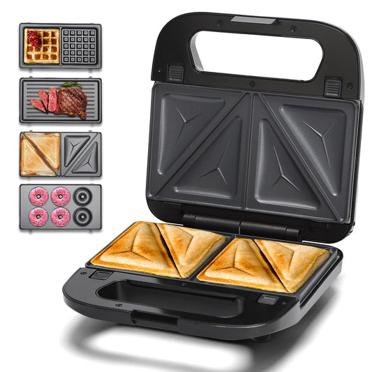 Aigostar Sandwichera Electrica 4 en 1, prensa de panini de doble cara, Recubrimiento Antiadherente, Con luz indicadora y fácil de limpiar, Termostato.