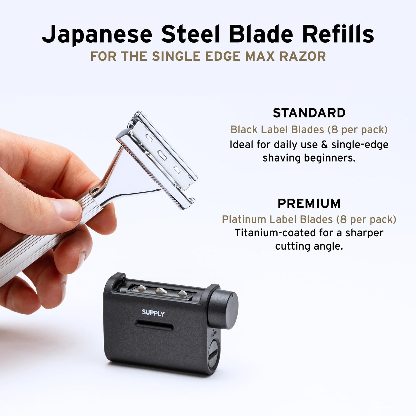 Supply Repuestos de cuchillas de un solo filo para hombre (SUMINISTRACIÓN) – Incluye 8 cuchillas de repuesto de acero Platinum Label – Fabricadas en Japón