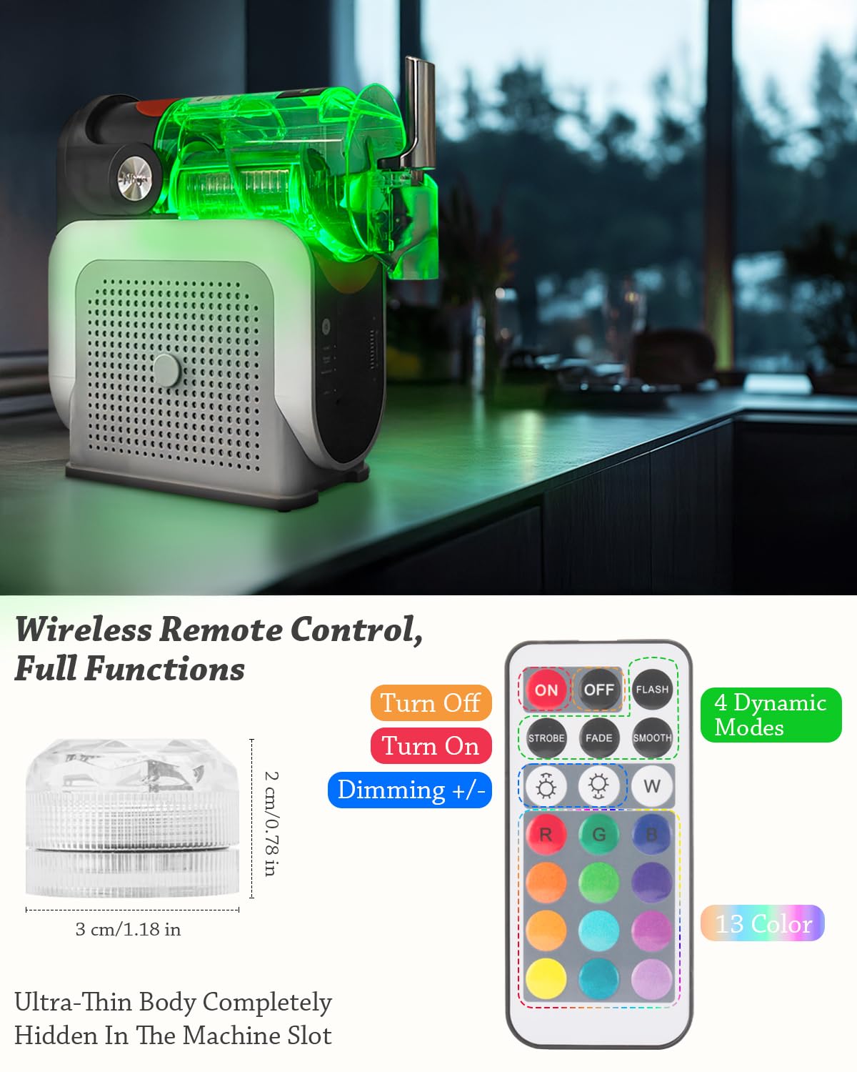 Luces LED de cápsula para Ninja Slushi FS301/FS300, sin instalación, 13 colores y 4 modos, diseño de tamaño de tapa de botella para accesorios de máquinas de Slushi, paquete de 2