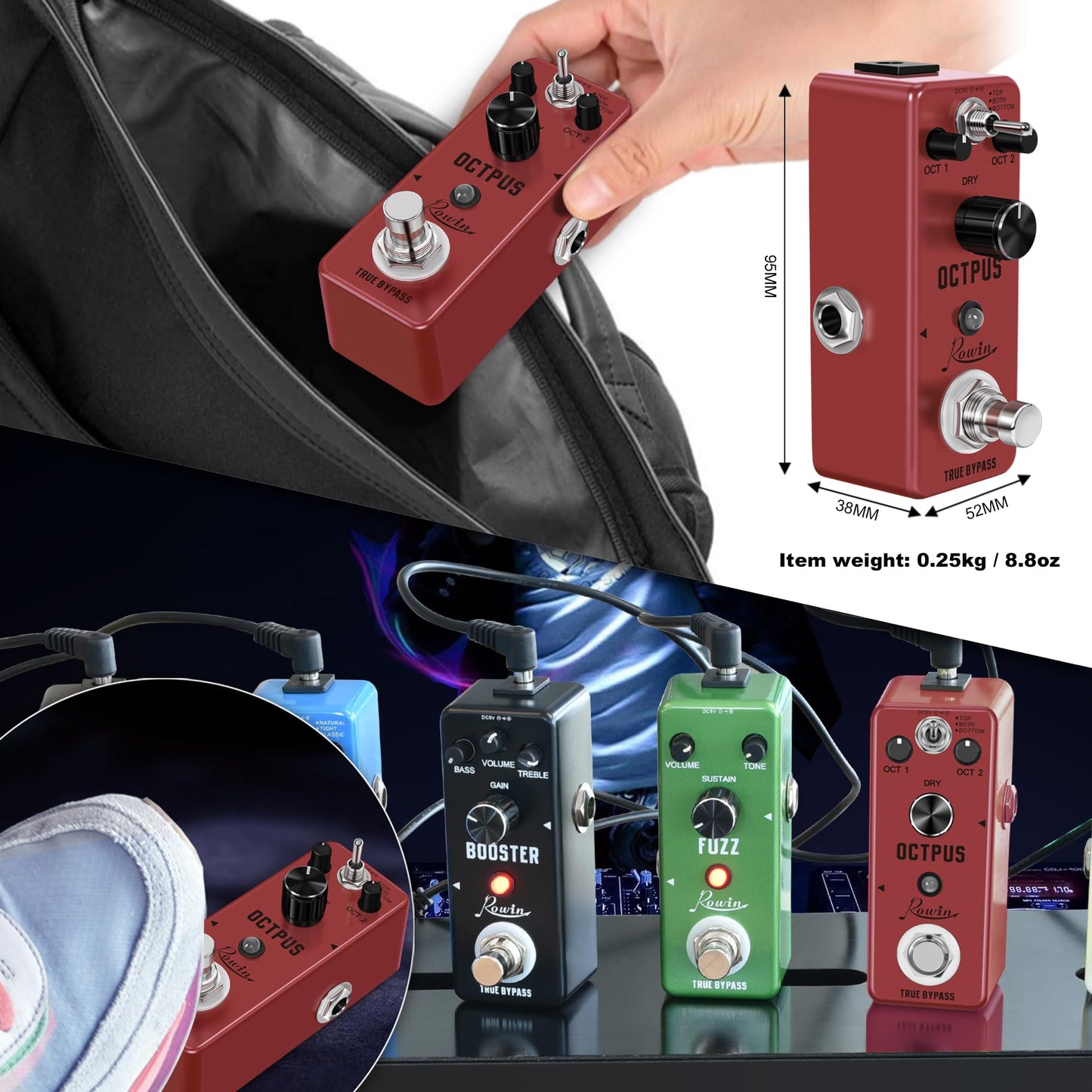 Rowin - Pedal de efectos de guitarra de octava polifónico mini digital con true bypass y 11 modos diferentes de octava LEF-3806