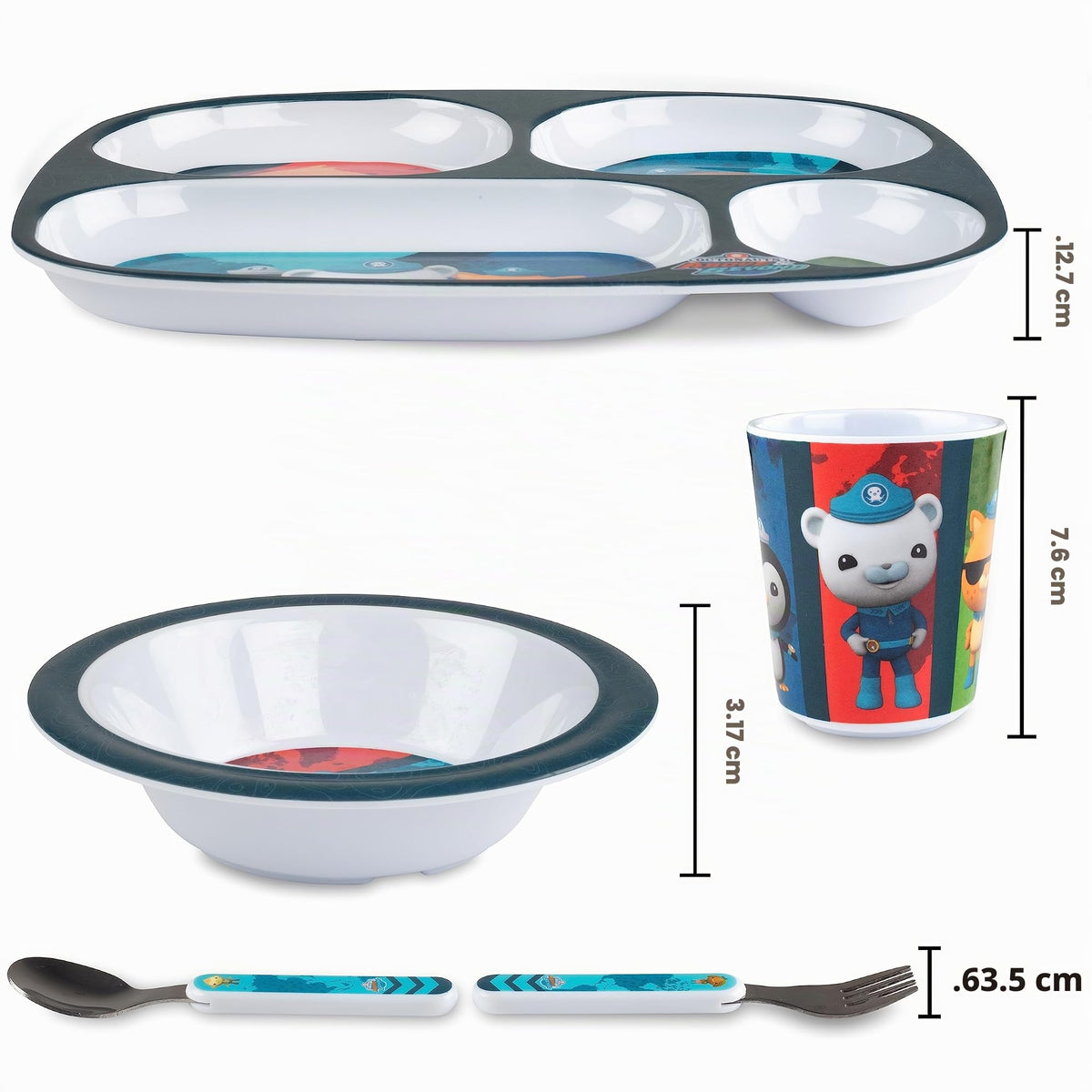Octonauts - Juego de 5 platos divididos para la hora de la comida para niños y niños pequeños, incluye plato multicompartimento, cuenco, taza, tenedor y cuchara, utensilios duraderos, aptos para
