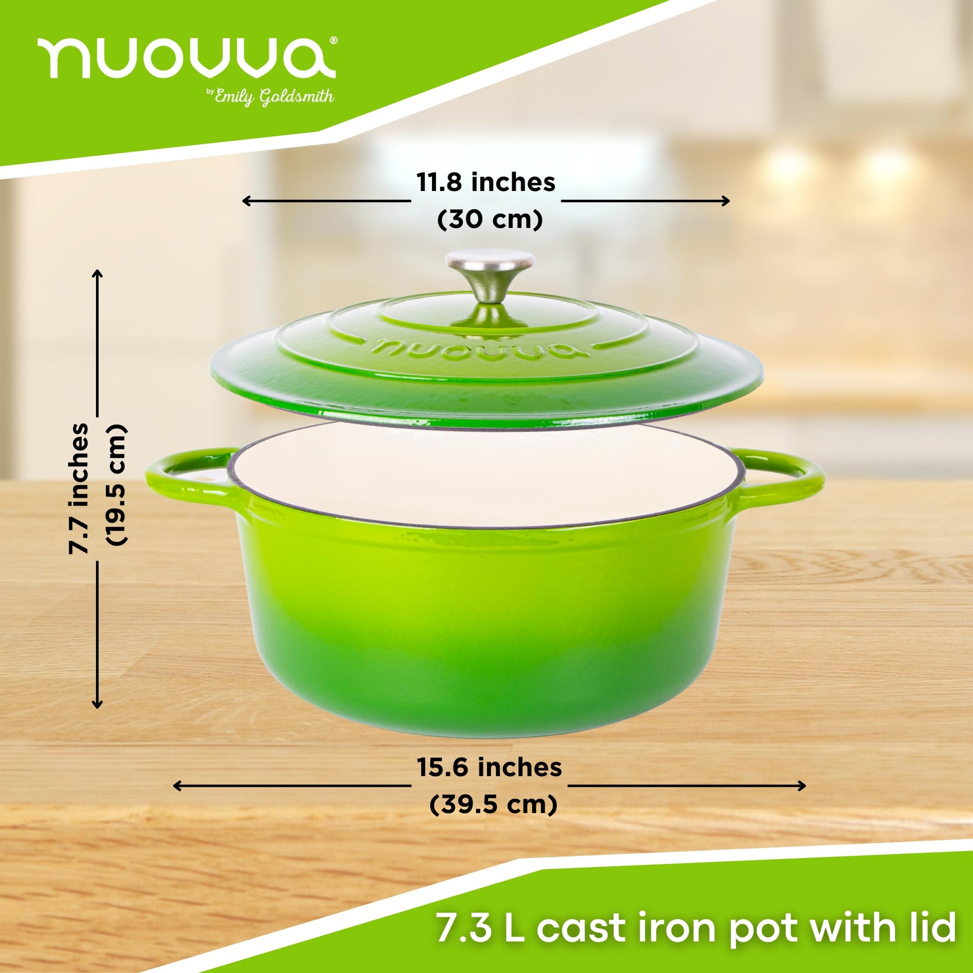 Nuovva - Horno Holandés de Hierro Fundido con Tapa - Cacerola Esmaltada Antiadherente - Verde, 7.3 Cuartos de Galón, 30 cm