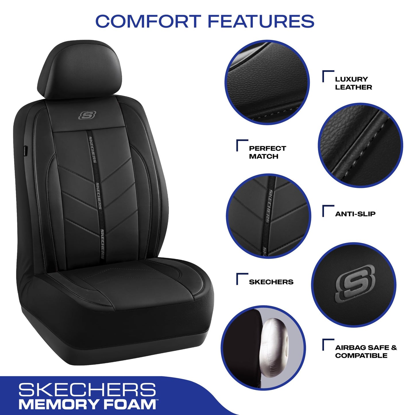 Skechers Fundas de asiento de coche, lujosas fundas de asiento de cuero sintético, protector de asiento de coche impermeable antideslizante para asientos delanteros, accesorios de coche compatibles