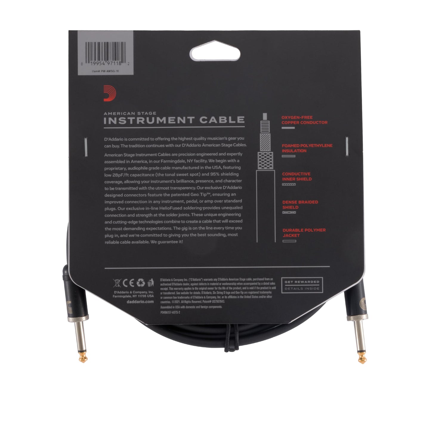 Cable de guitarra D'Addario American Stage, cable de instrumento con conectores de 1/4", extremo recto, 3 metros