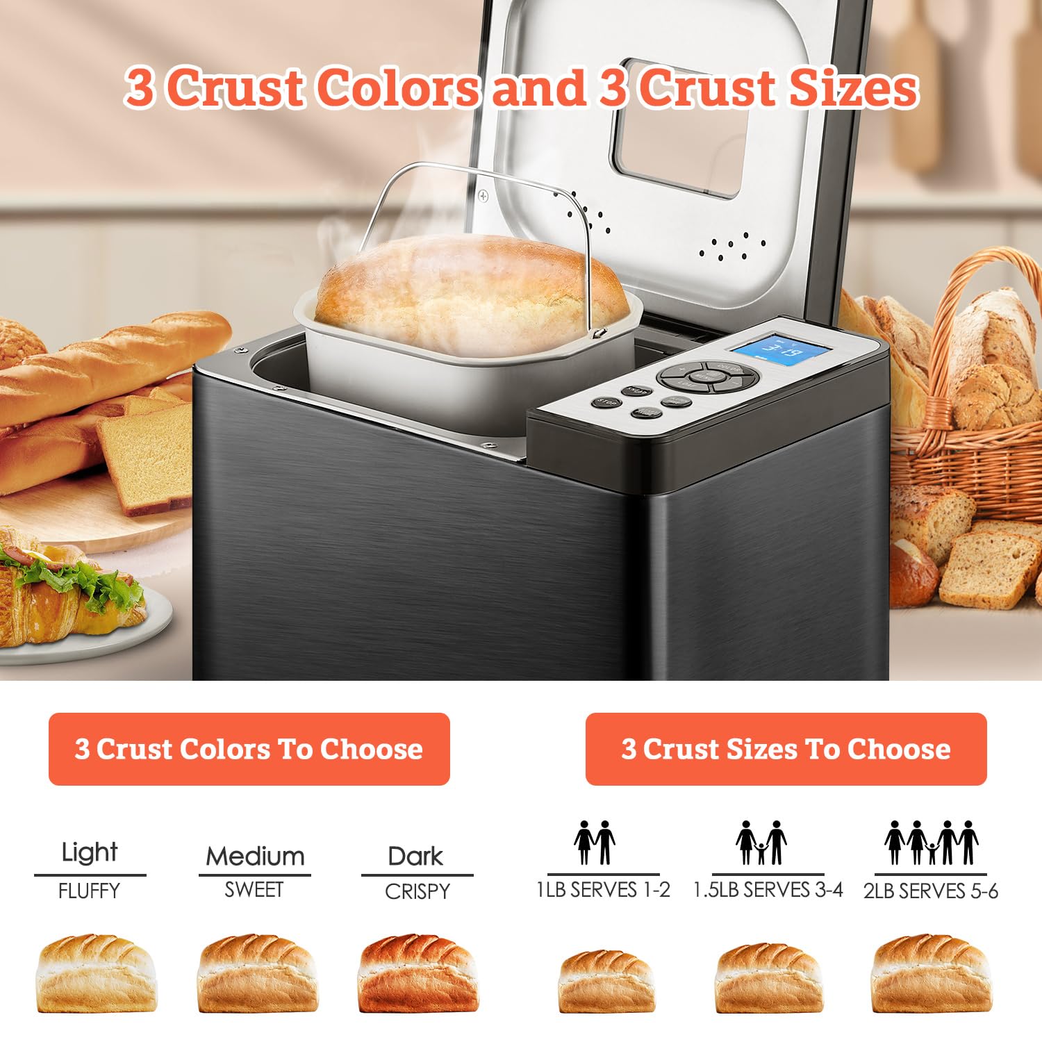 KBS Máquina de pan de 2 libras, máquina de pan automática 19 en 1 de acero inoxidable con sartén de cerámica, temporizador de 15 horas y 1 hora para mantener caliente, masa madre, sin gluten, máquina