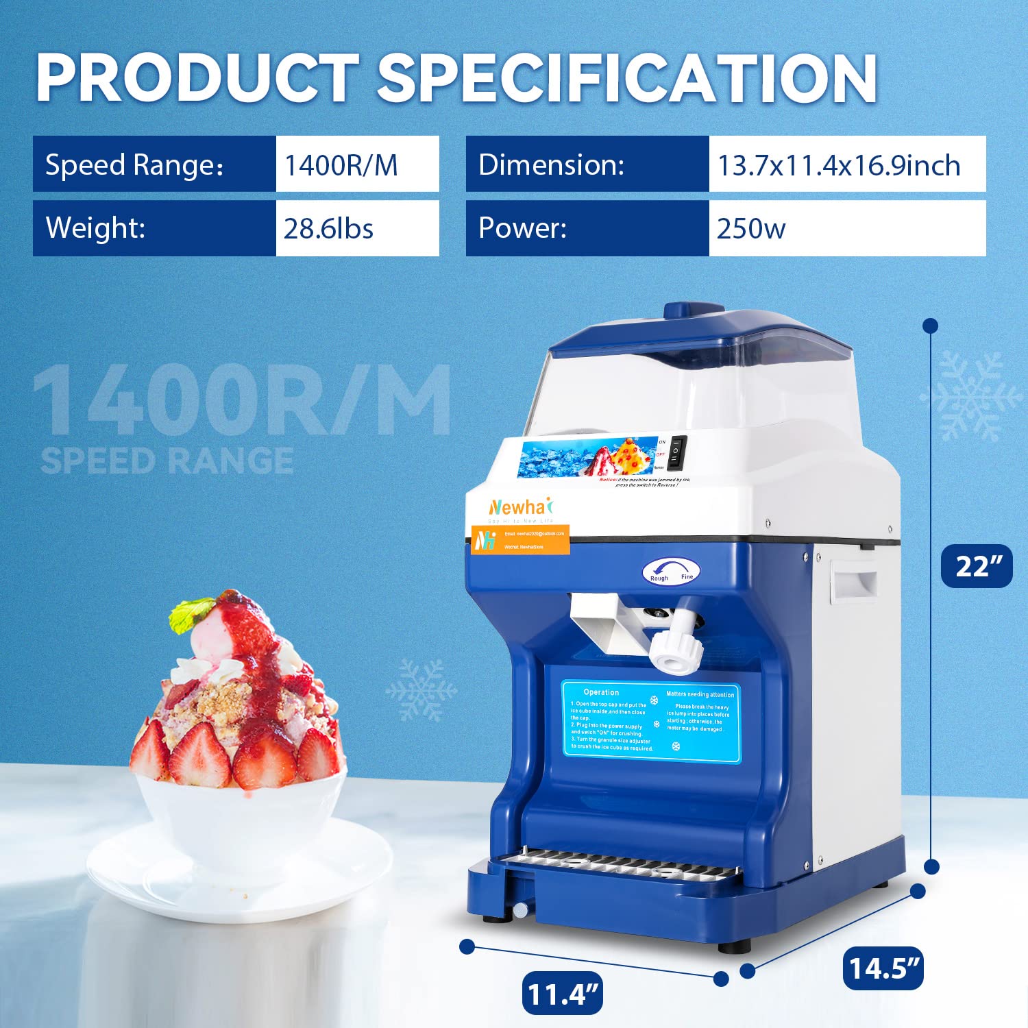 Máquina de Afeitar de Hielo Eléctrica Newhai Blanca Ajustable Comercial de 300W y 1400 RPM