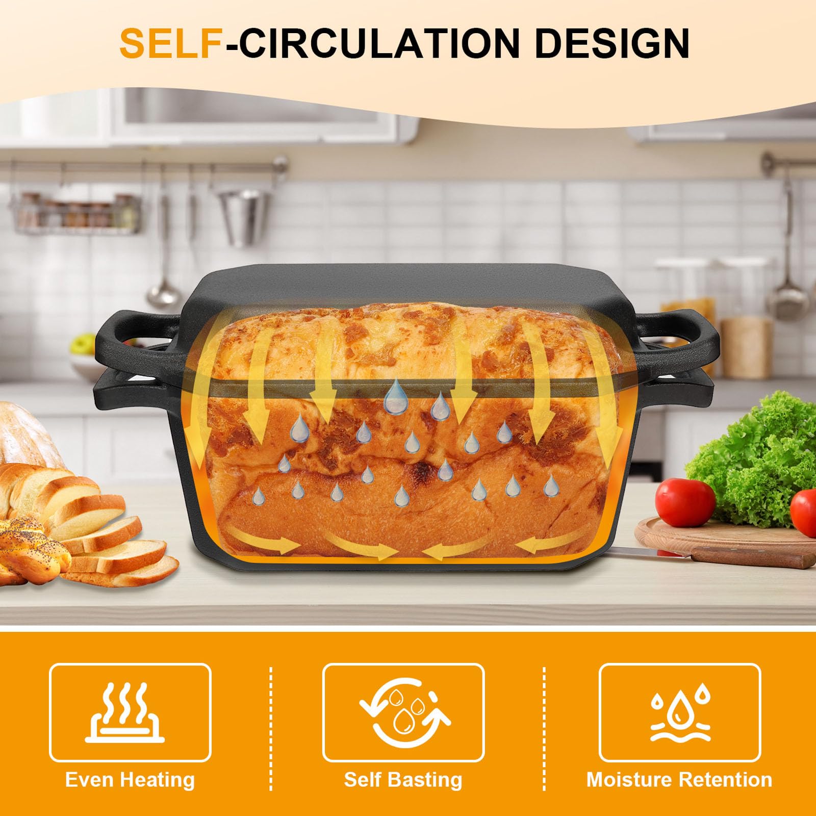 Horno holandés de hierro fundido presazonado para hornear pan con tapa de sartén, horno holandés ovalado de 3,6 cuartos de galón, sartén para horno de pan | Suministros para hornear pan de masa