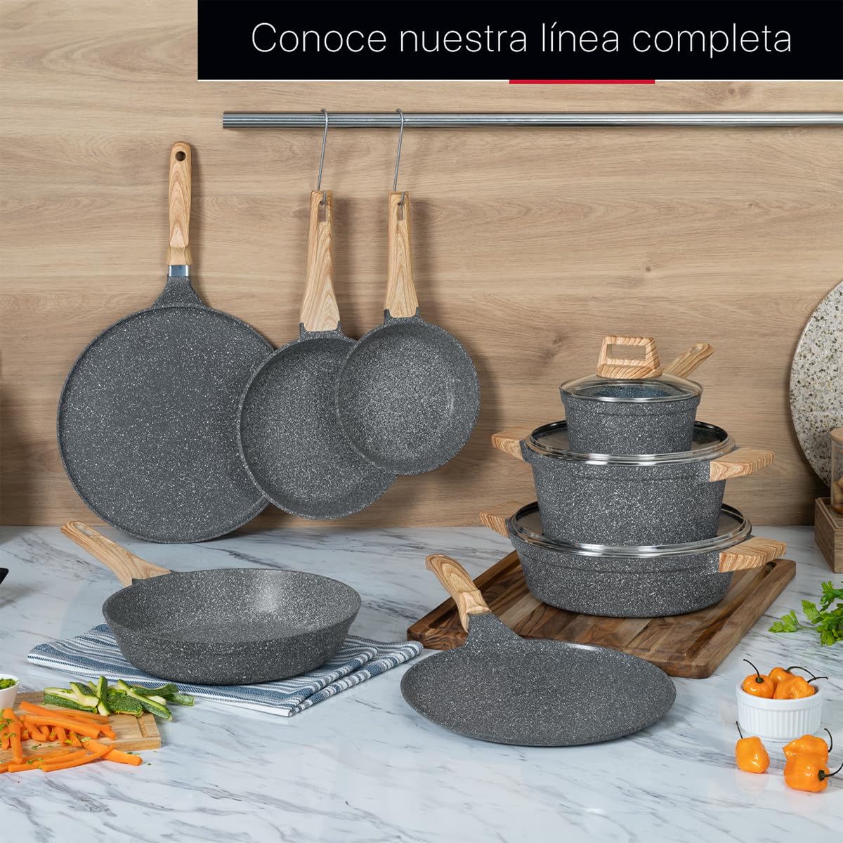 Cookify Set de 3 piezas (Sarten 20 y 24 cm y Crepera 28 cm) Antiadherente de Mármol (Gris)