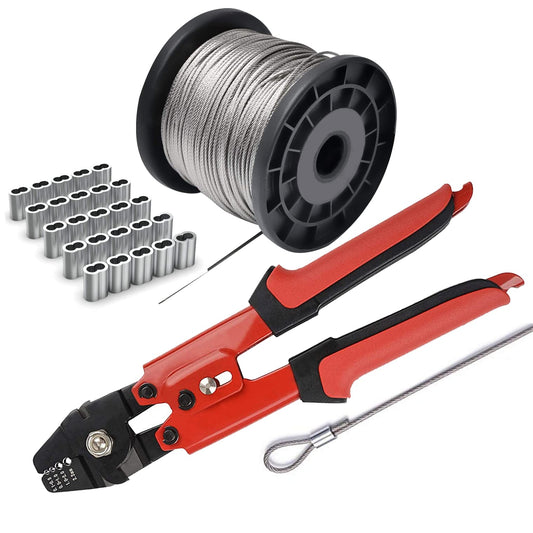 Kit de herramientas para prensar cuerda de alambre, con cable de acero inoxidable 1/16-304 5029.2 cm (núcleo de 7 x 7 filas), 100 tapones de aluminio para manguito de bucle (cuerda de 5029.2 cm 100