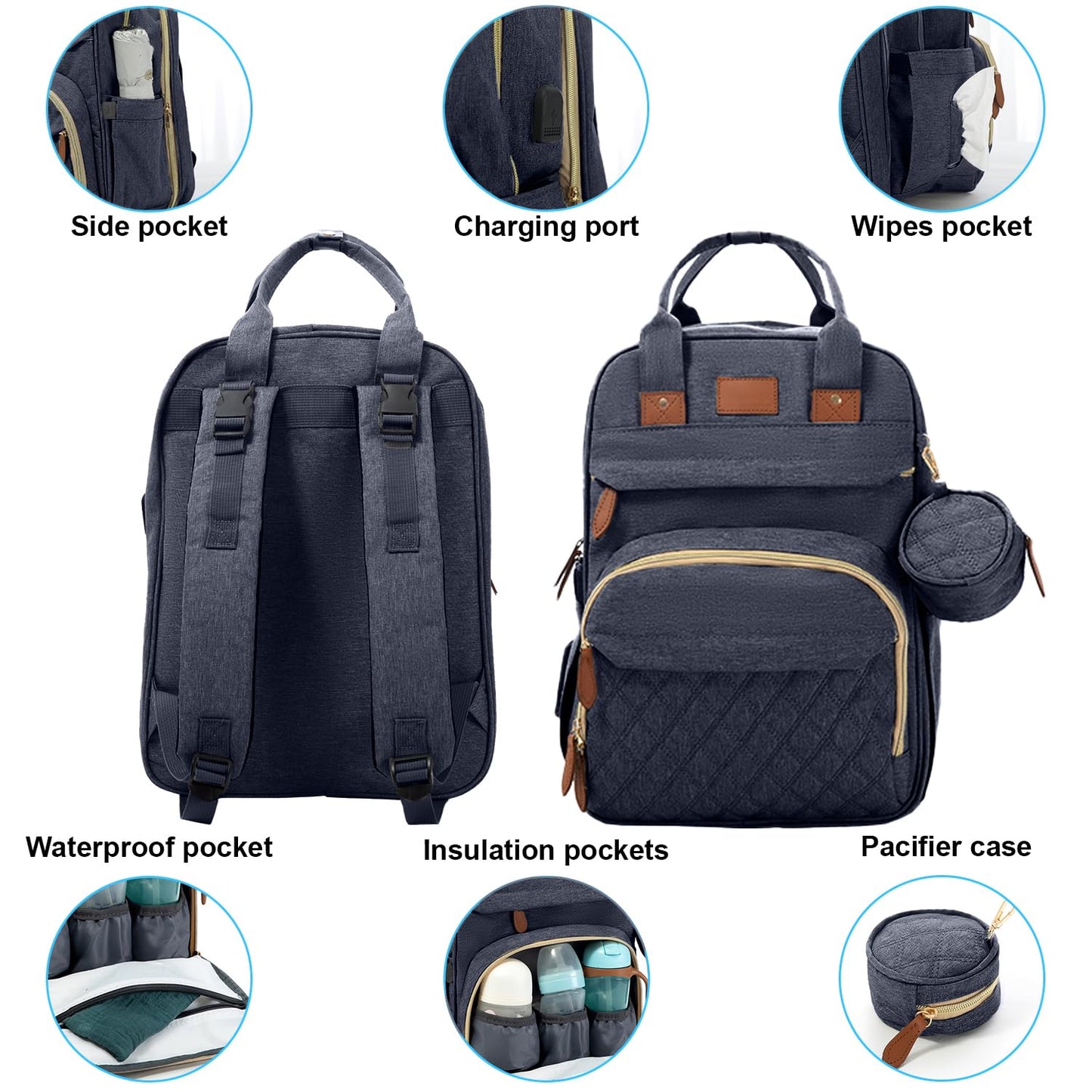BOSI BOZI ECO OUVERTURE BosiBozi - Mochila para pañales con estación cambiante, impermeable y resistente al polvo para mamá, elegante bolsa de pañales de viaje con puerto de carga USB y mosquitero,