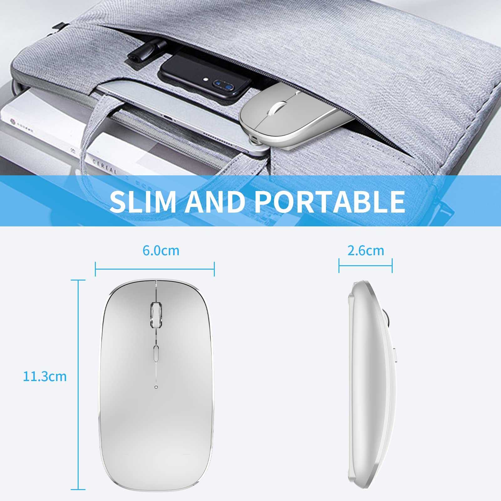 Leolee Mouse Inalámbrico, Ratón Inalámbrico Recargable, Mouse Wireless con 2.4G, óptico Silencioso Click, Receptor USB y Tipo-c Adaptador 3 Ajustable dpi para Computadora, Portátil, PC, Mac (Gris)
