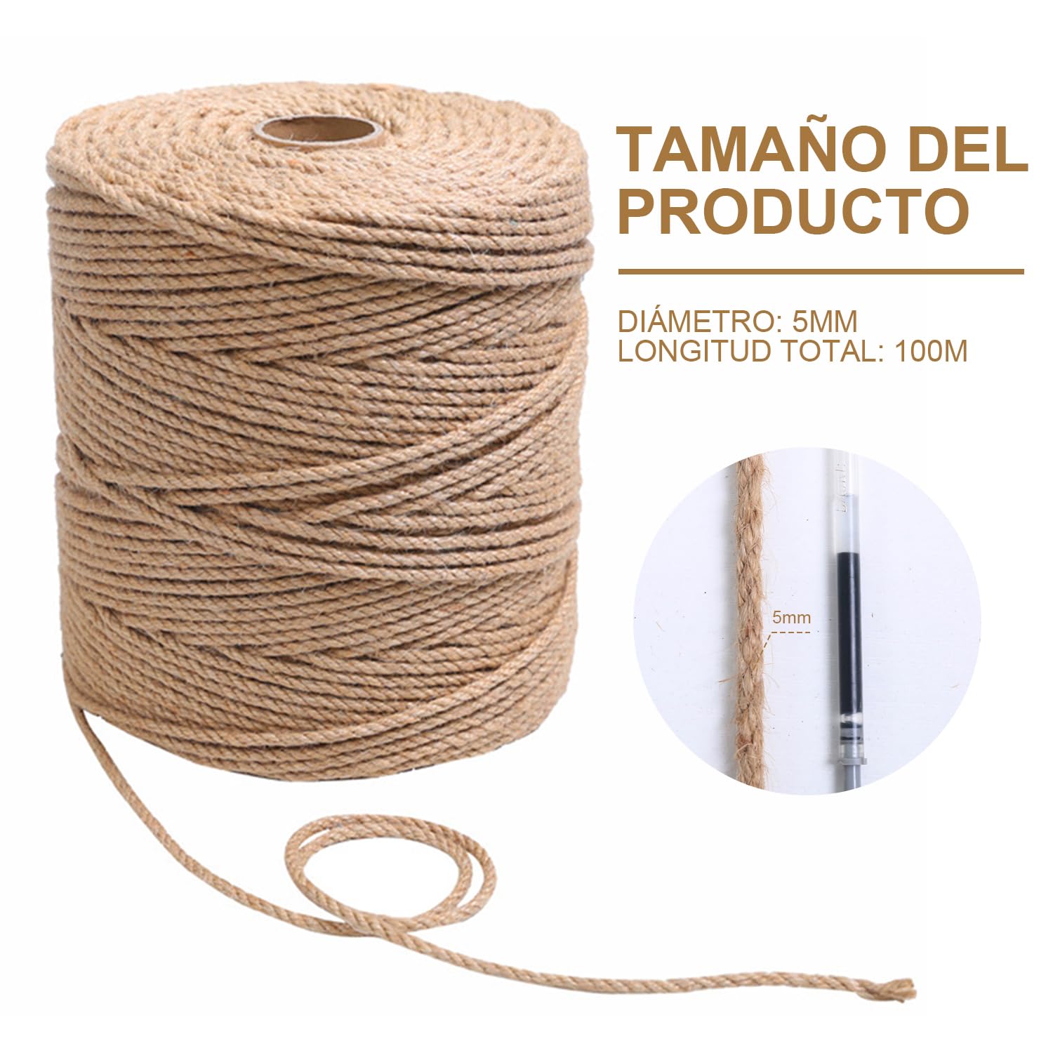AEVIORA Cuerda de Sisal Natural para Gato Rascar, Cuerda de Yute Natural de 5MM*100M de Grosor para Postes de Arañazos, Duradero y No Suelto, Adecuado para Reparación y Reemplazo de Árboles de Gatos