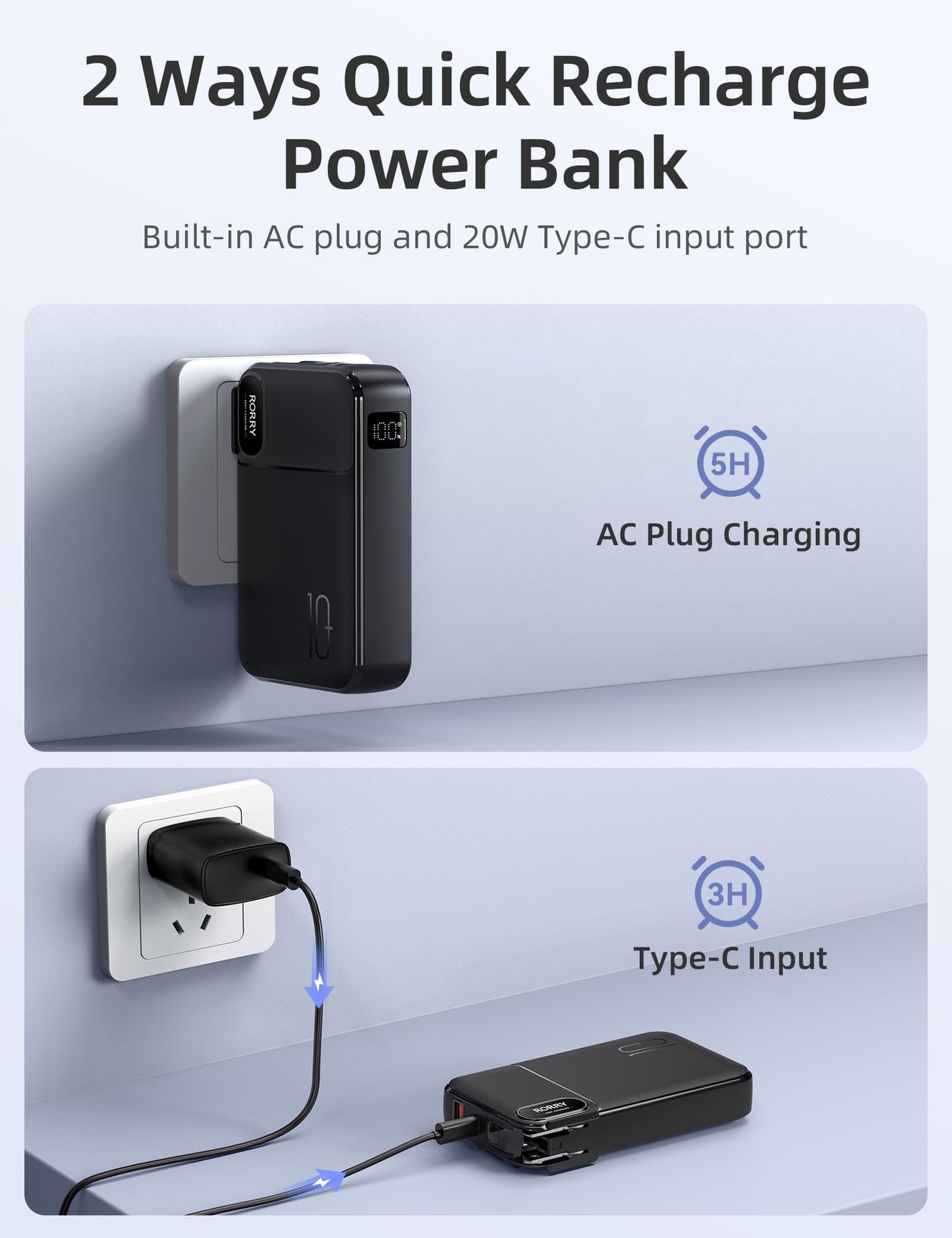 Batería Portátil RORRY Negro 10000 mAh con Enchufe Plegable y Cables Integrados