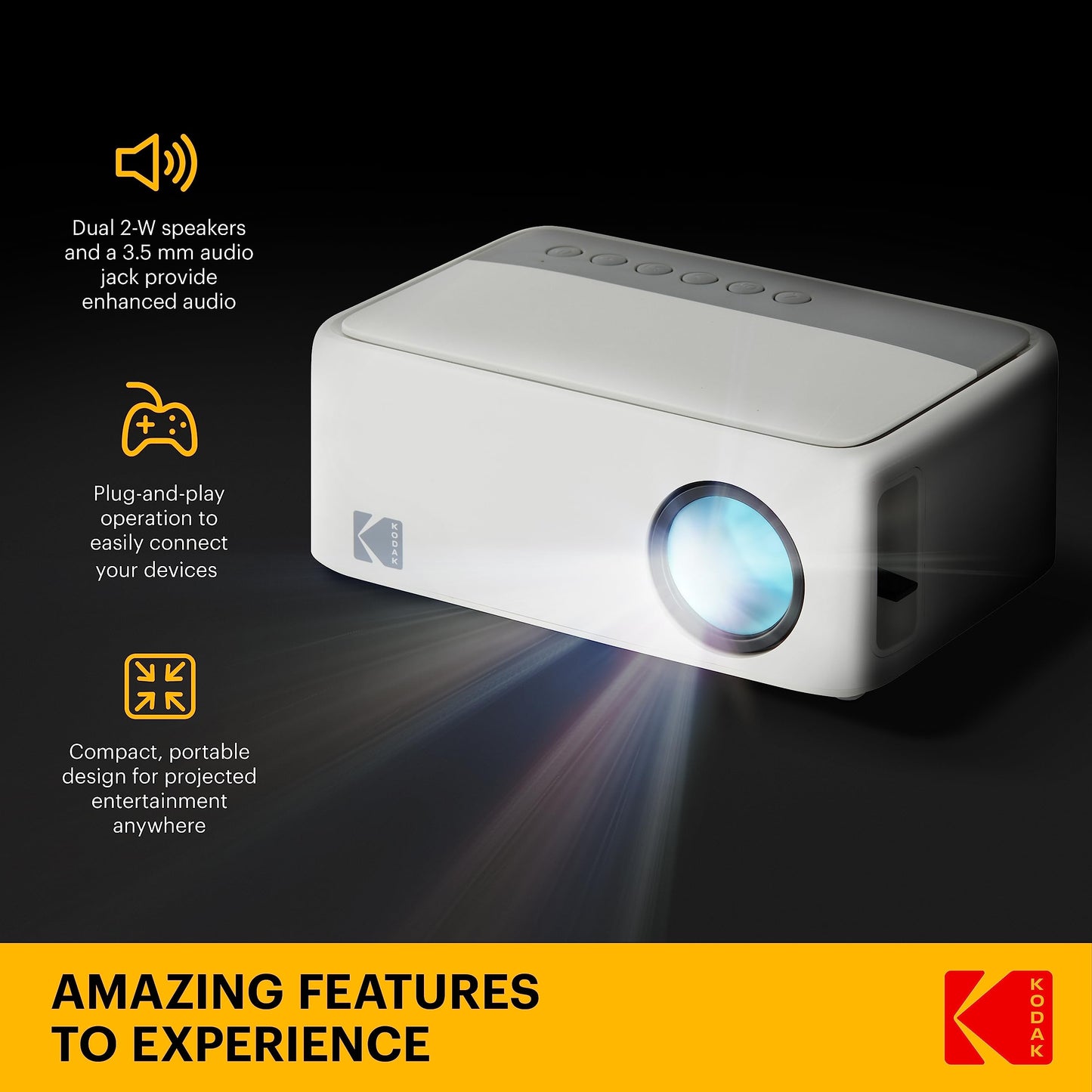 KODAK FLIK X1 Mini proyector Pico | Proyector portátil compacto de 100 pulgadas con control remoto y altavoces de 2 W reproduce películas, programas de televisión y juegos, compatible con HDMI, USB, AV, smartphone, Firestick, color blanco