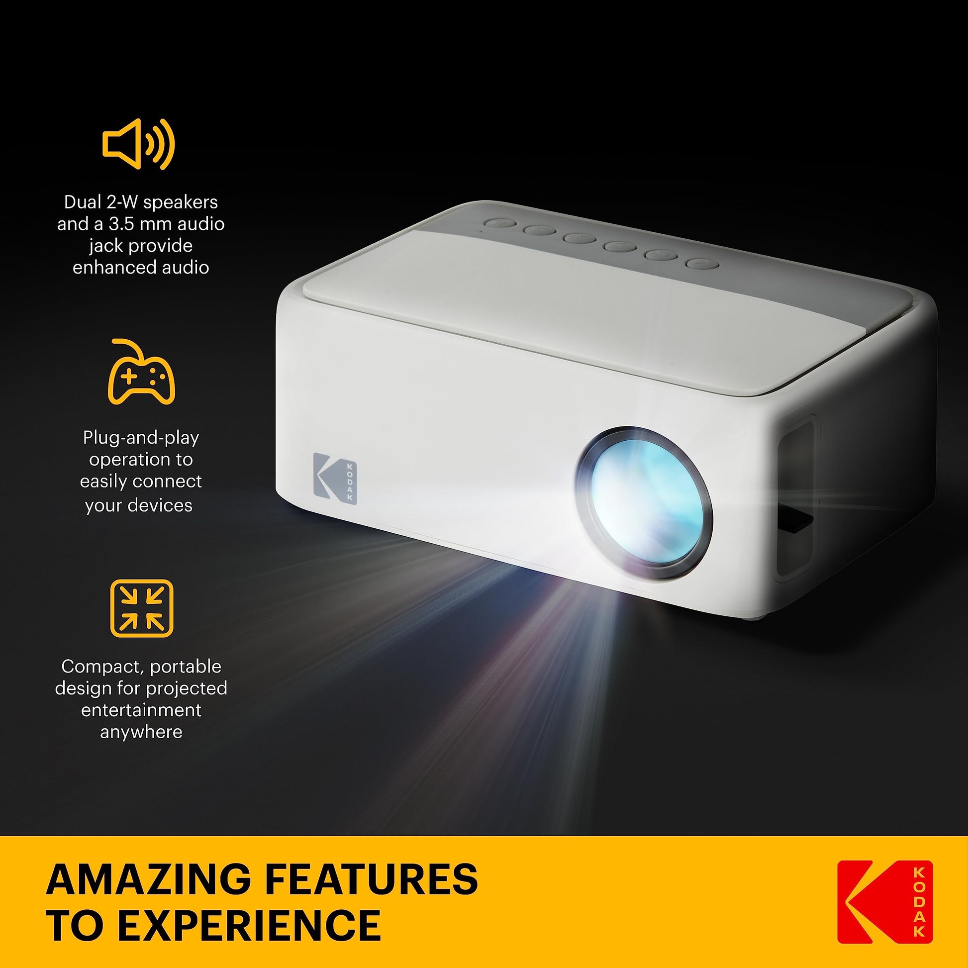 KODAK FLIK X1 Mini proyector Pico | Proyector portátil compacto de 100 pulgadas con control remoto y altavoces de 2 W reproduce películas, programas de televisión y juegos, compatible con HDMI, USB, AV, smartphone, Firestick, color blanco
