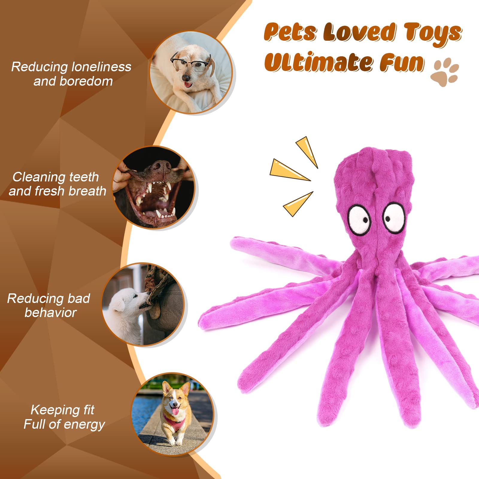 MANOPAWS - Juguetes chirriantes para perros, paquete de 3 juguetes para perros pequeños, perros medianos, perros grandes, juguetes masticables para dentición de cachorros, masticadores agresivos, juguetes de peluche sin relleno (pulpo)