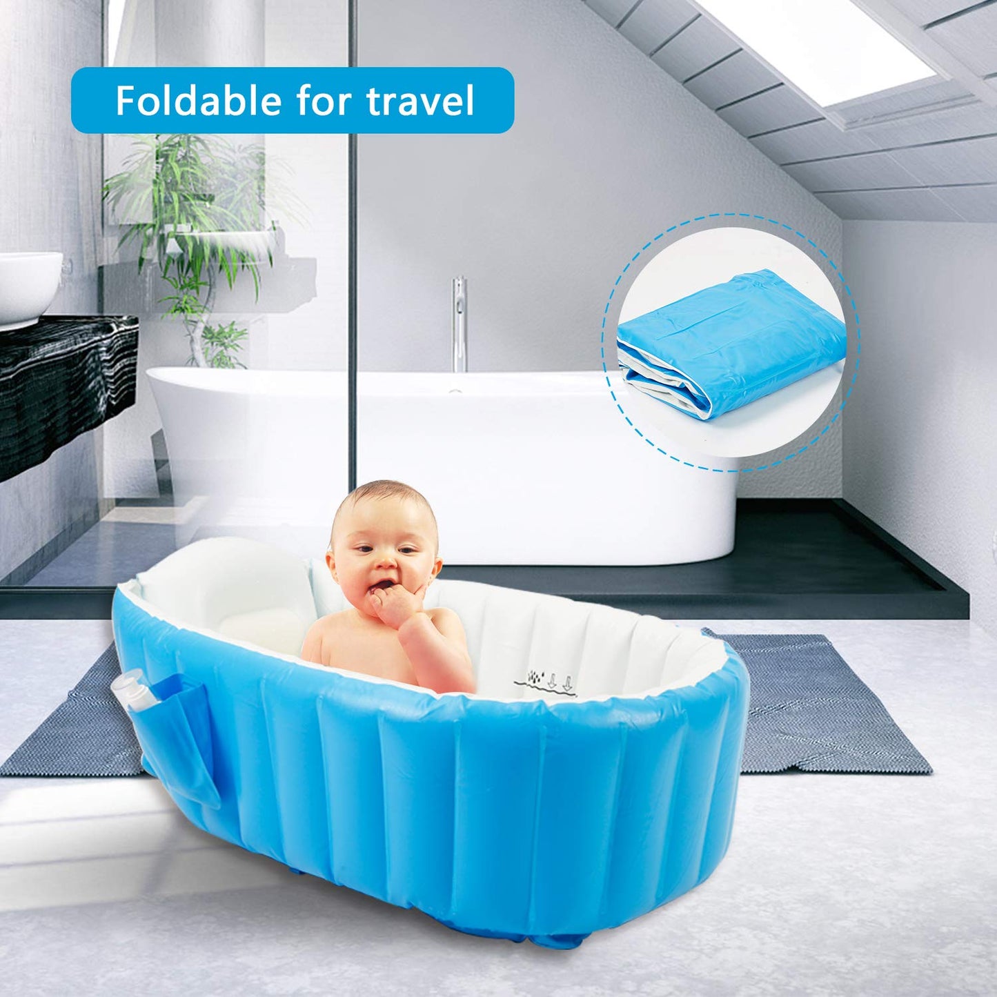 Tina inflable para bebé, tina de viaje antideslizante portátil para niños pequeños, alberca gruesa plegable para baño con bomba de aire, azul