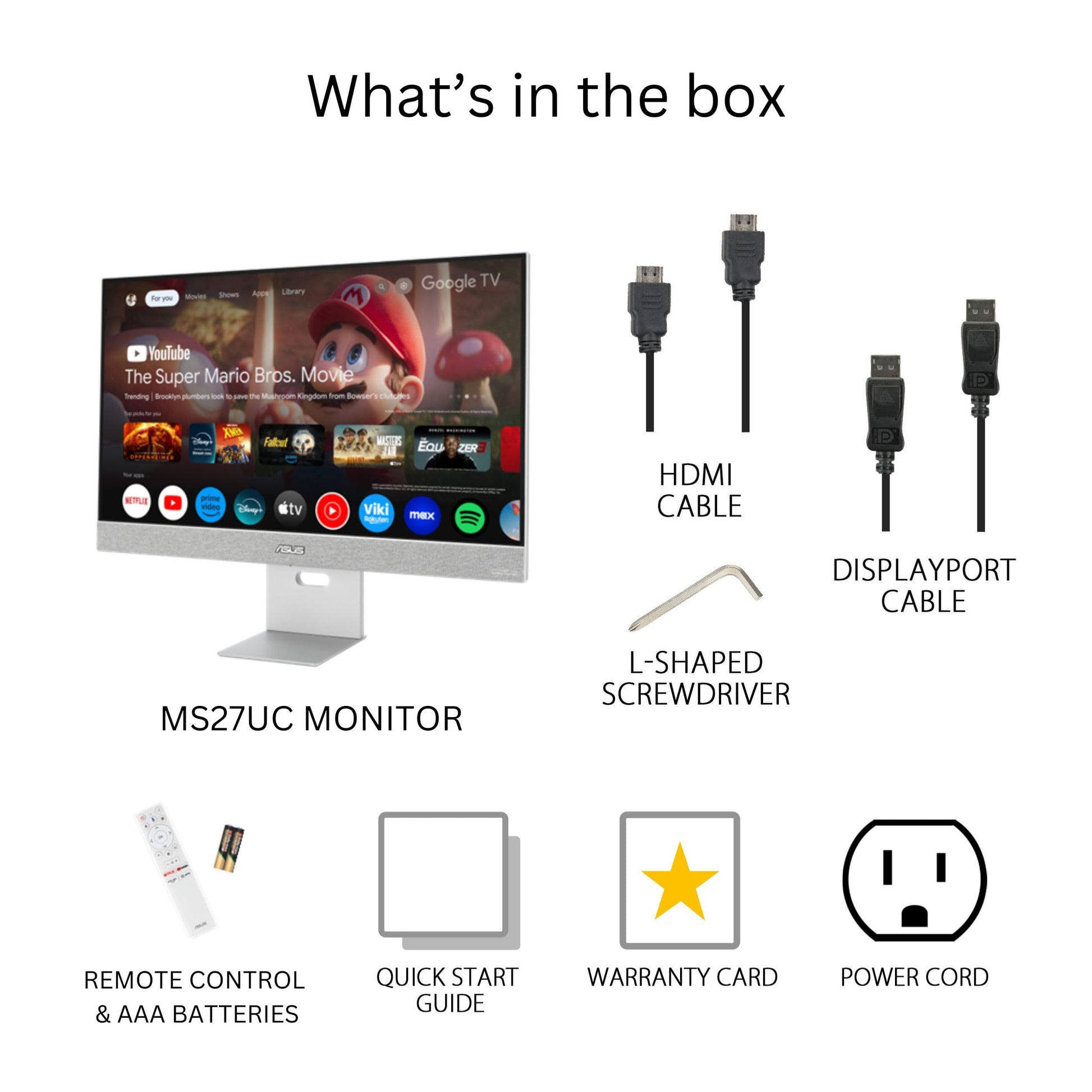ASUS ZenScreen - Monitor Inteligente USB-C 4K (MS27UC) - UHD (3840 x 2160) IPS, 99% sRGB, Google TV, Altavoces Harman Kardon, USB-C 90W PD, USB Hub, visualización inalámbrica, Netflix y Youtube,