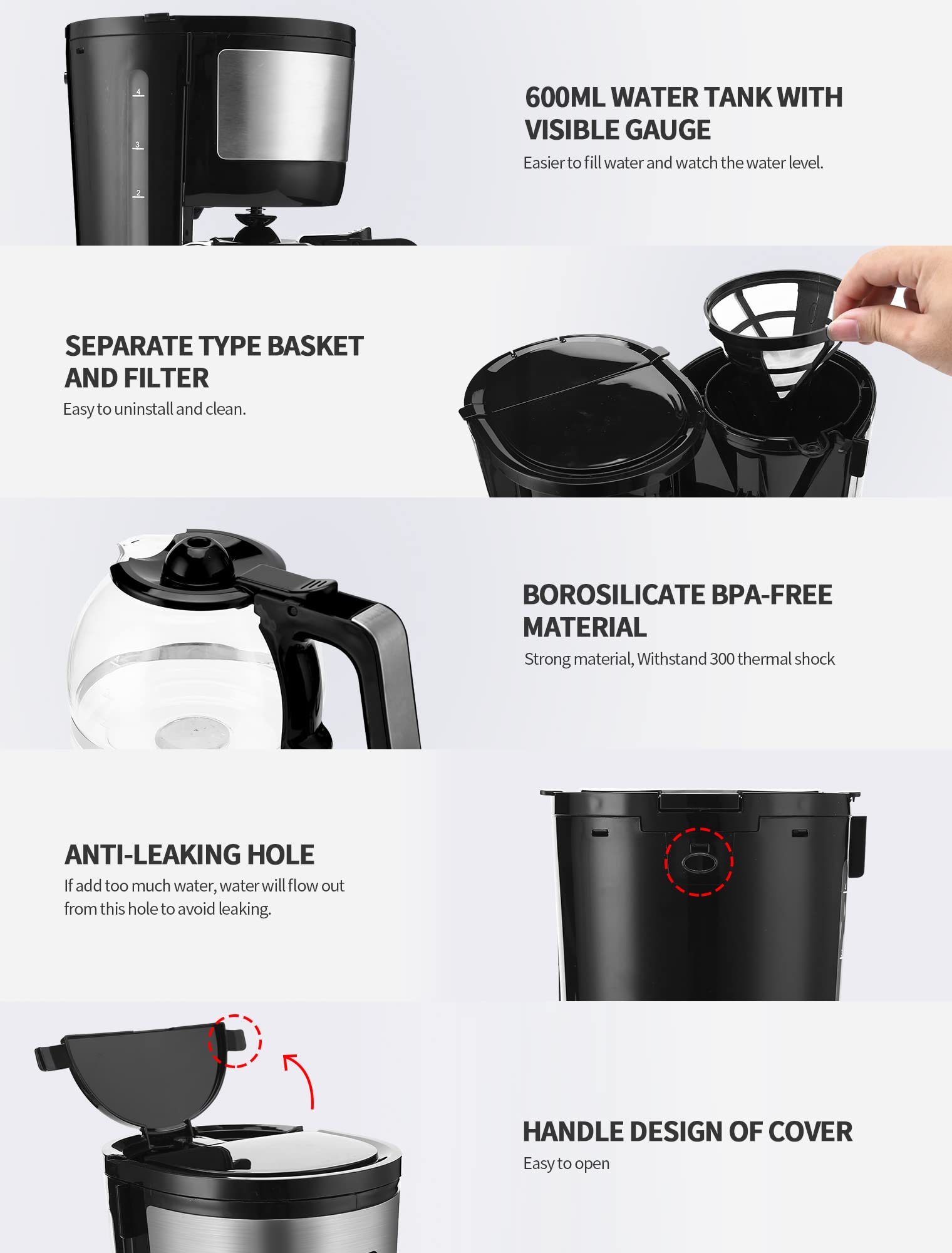 Gevi - Cafetera de 4 tazas con apagado automático, cafetera pequeña con goteo súper automática, cafetera compacta con filtro de cono, jarra de vidrio y placa caliente