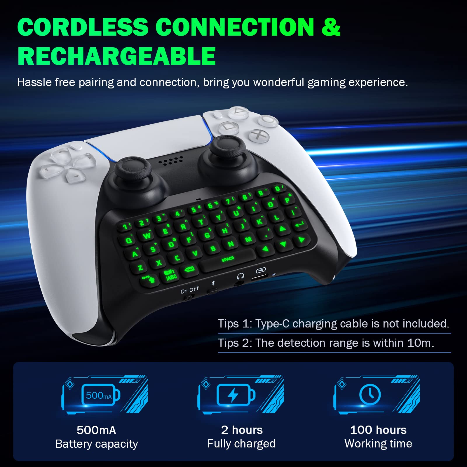 Teclado Retroiluminado Verde MoKo Negro para Controlador PS5 con Altavoz Incorporado y Conector de Audio 3.5mm