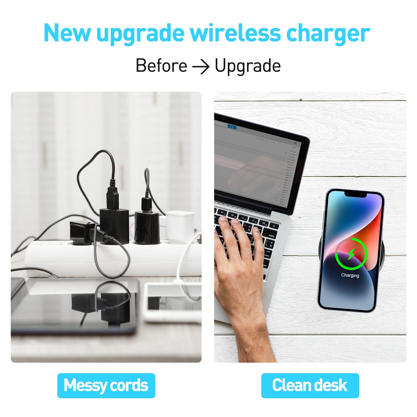 Cargador Inalámbrico Rápido, 15W Desk Wireless Charger Pad con Indicador Autoadaptativo Base Carga Inalambrica para iPhone 15/14/13/12/11/, AirPods/Samsung/Huawei/XiaoMi (No Adaptador de AC)