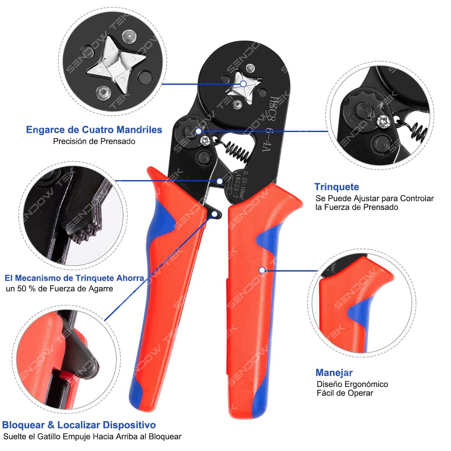 Kit de Terminales para Cable Sendowtek Azul Juego de Alicates para Cables Eléctricos HCS8 6-4A 1200pcs AWG23-7 (0.25~10mm²)