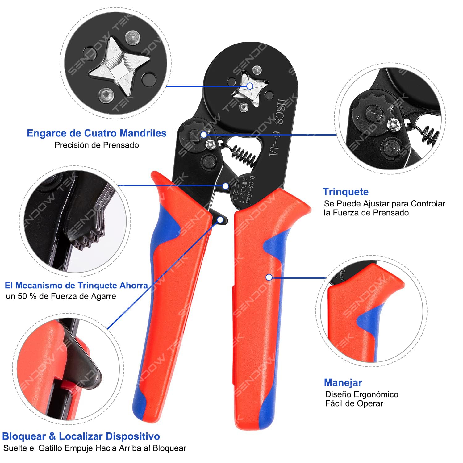 Kit de Terminales para Cable Sendowtek Azul Juego de Alicates para Cables Eléctricos HCS8 6-4A 1200pcs AWG23-7 (0.25~10mm²)