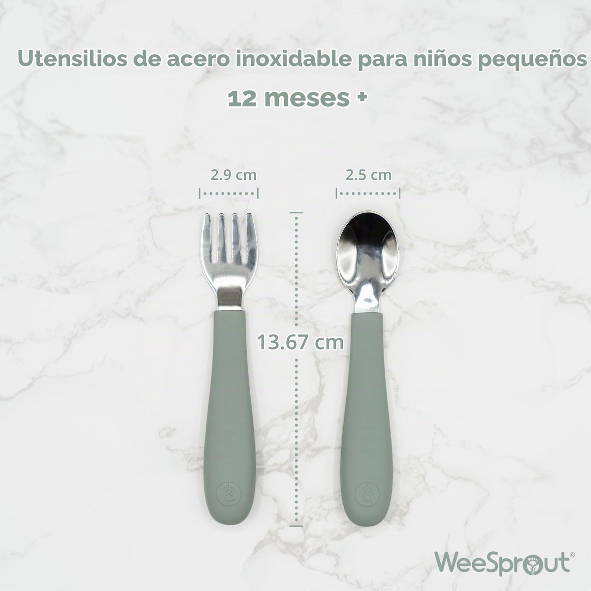 WeeSprout - Utensilios para niños pequeños, 3 tenedores y 3 cucharas, acero inoxidable 18/8 y silicona de grado alimenticio, asas gruesas de fácil agarre, longitud perfecta para nuevos