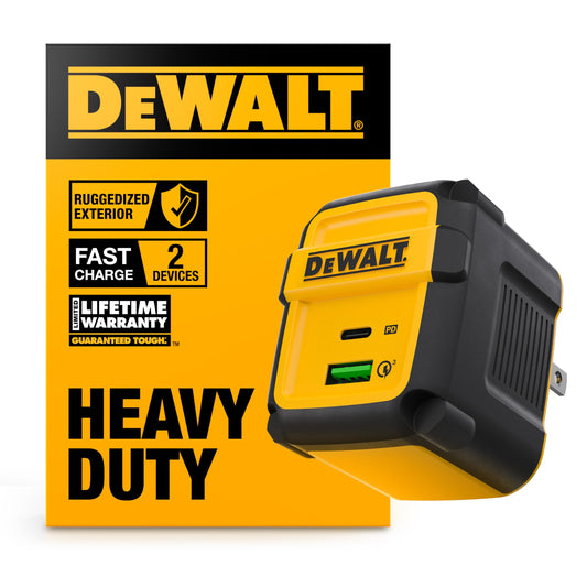 DEWALT 49.5W USB & USB C Charger (Cable Not Included), 2 Port Compact Foldable Fast Charger for iPhone 15/14, Galaxy, Pixel 4/3, iPad - Black & Yellow