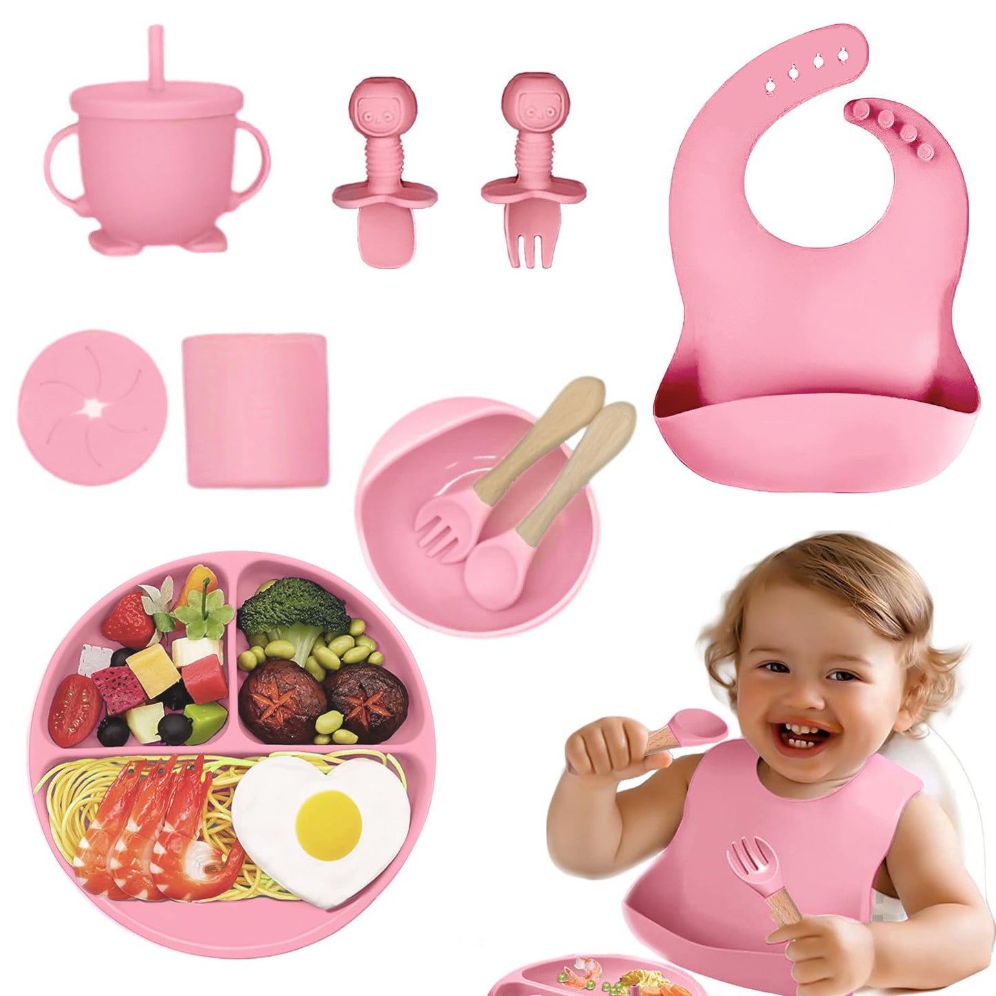 Platos de Silicona para Bebé Antivuelco Set de 10 Piezas Rosa para Niño/Niña