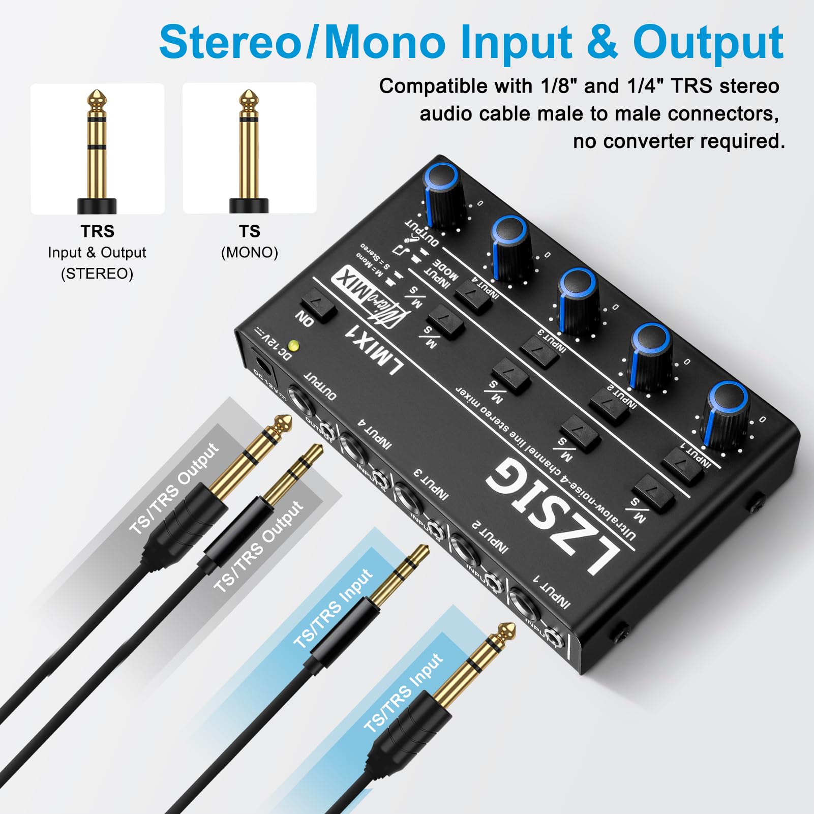 LZSIG Mini mezclador de audio, mezclador de línea estéreo para submezcla, ultra bajo ruido, 4 canales, control no empotrado de micrófono dinámico, salida y entrada TRS de 1/4 y 1/8 pulgadas, para