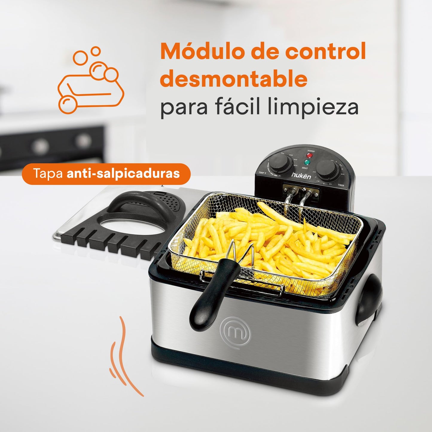 Hukën x MasterChef | Freidora de Aceite | Flash-Fry XL | Triple Basket | Capacidad 4 litros | Acero Inoxidable | Canastillas Removibles e intercambiables | 1700 W | MK-DF-4SSV2