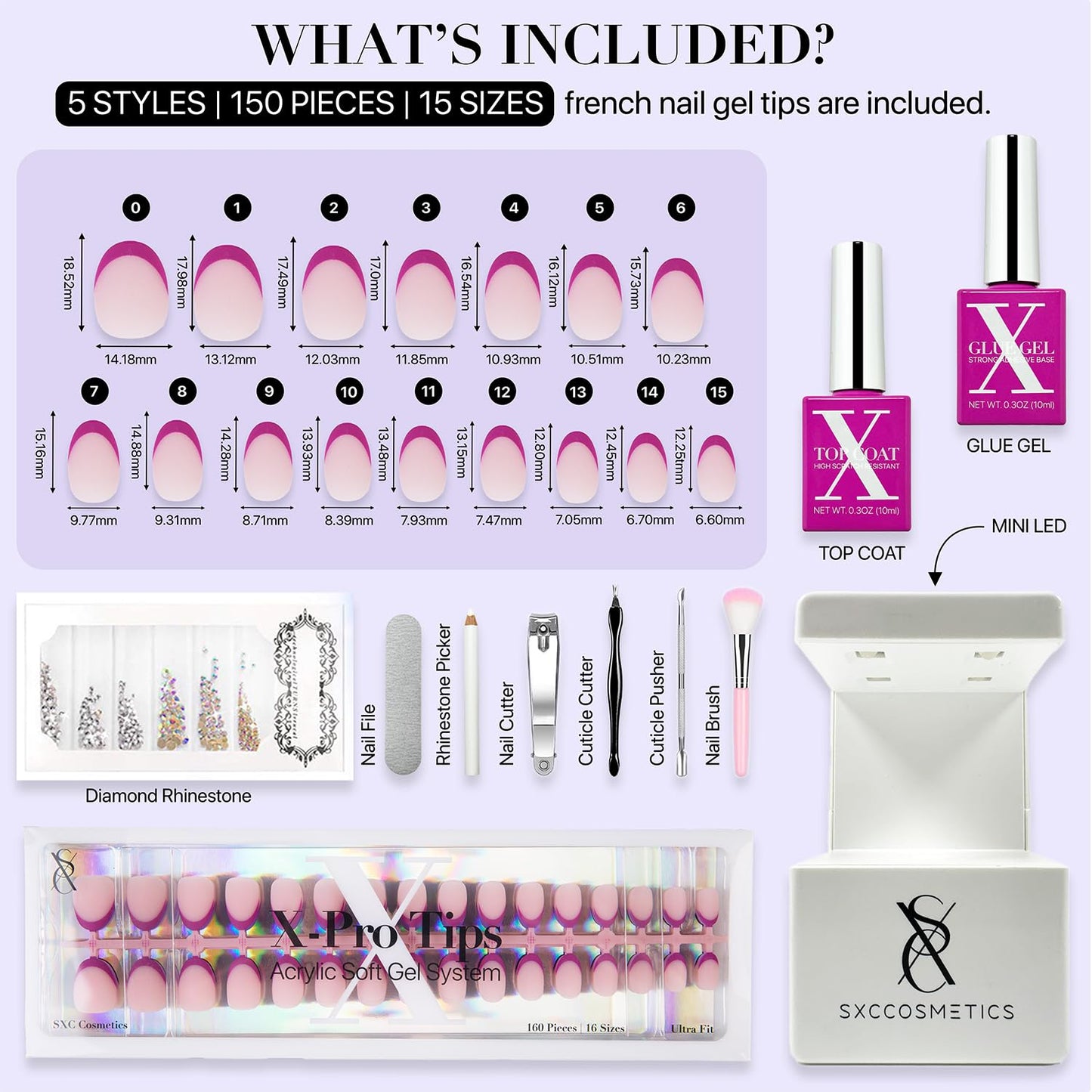 SXC Uñas Postizas con Punta Francesa Cosmetics – Serie Morada, Almendra Extracorta, Kit de Inicio X-Pro Tips | 160 Piezas, 16 Tamaños, 5 Estilos, Ideal para Principiantes