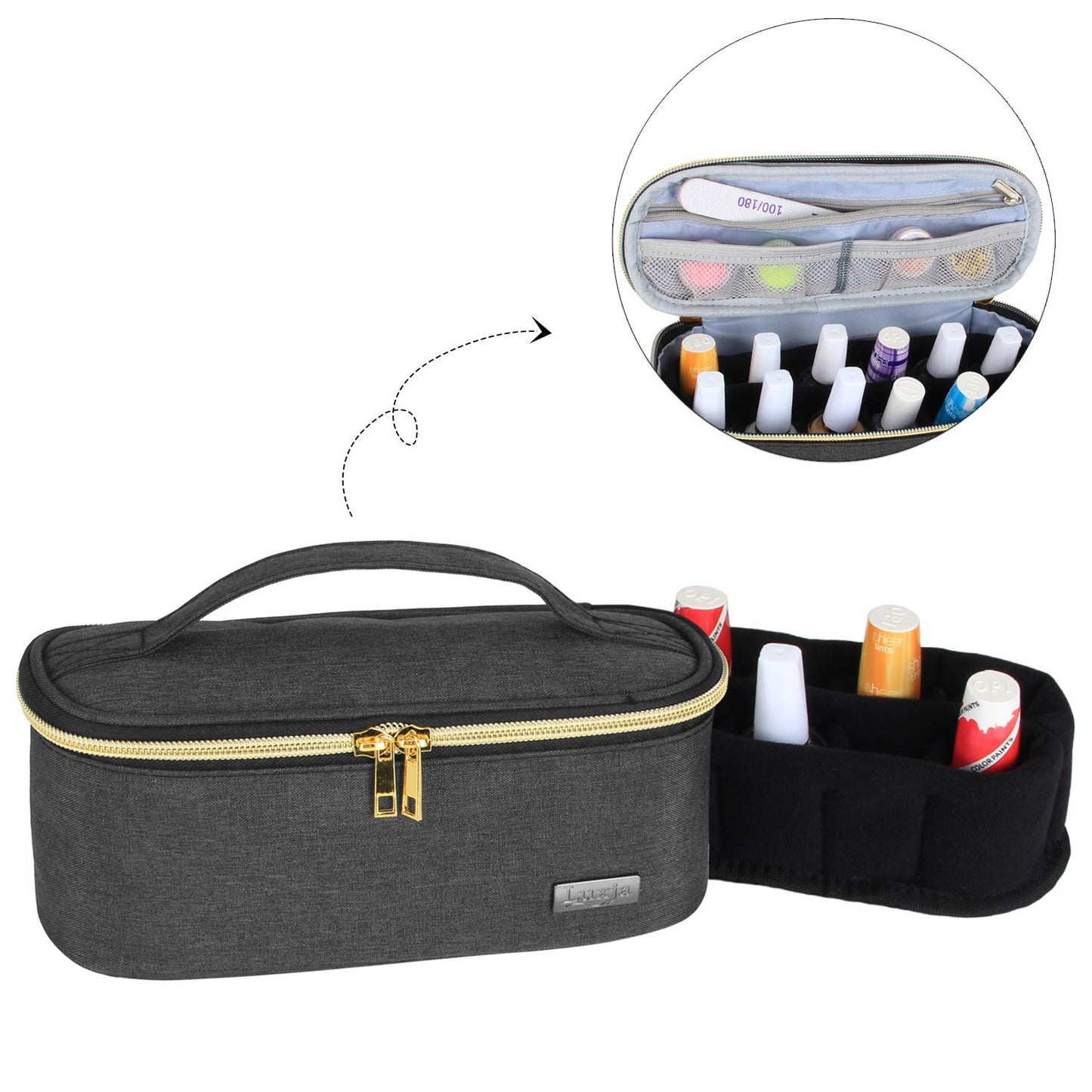 Luxja - Organizador de esmalte de uñas, capacidad para 12 botellas (15 ml - 0.5 fl.oz), estuche de esmalte de uñas para esmalte y herramientas pequeñas, color negro