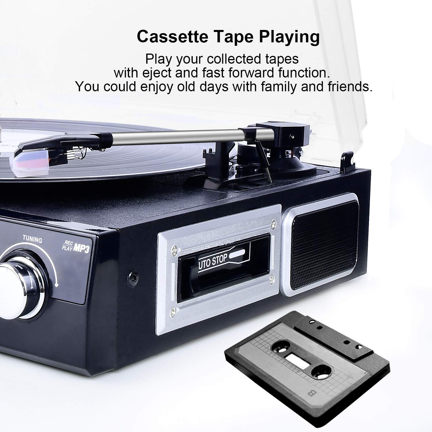 DIGITNOW - Tocadiscos de vinilo LP, con Bluetooth, radio AM y FM, cinta de casete, entrada auxiliar, codificación USB SD y reproducción de MP3 altavoces estéreo integrados, conector para auriculares de 3,5 mm, control remoto y pantalla LCD