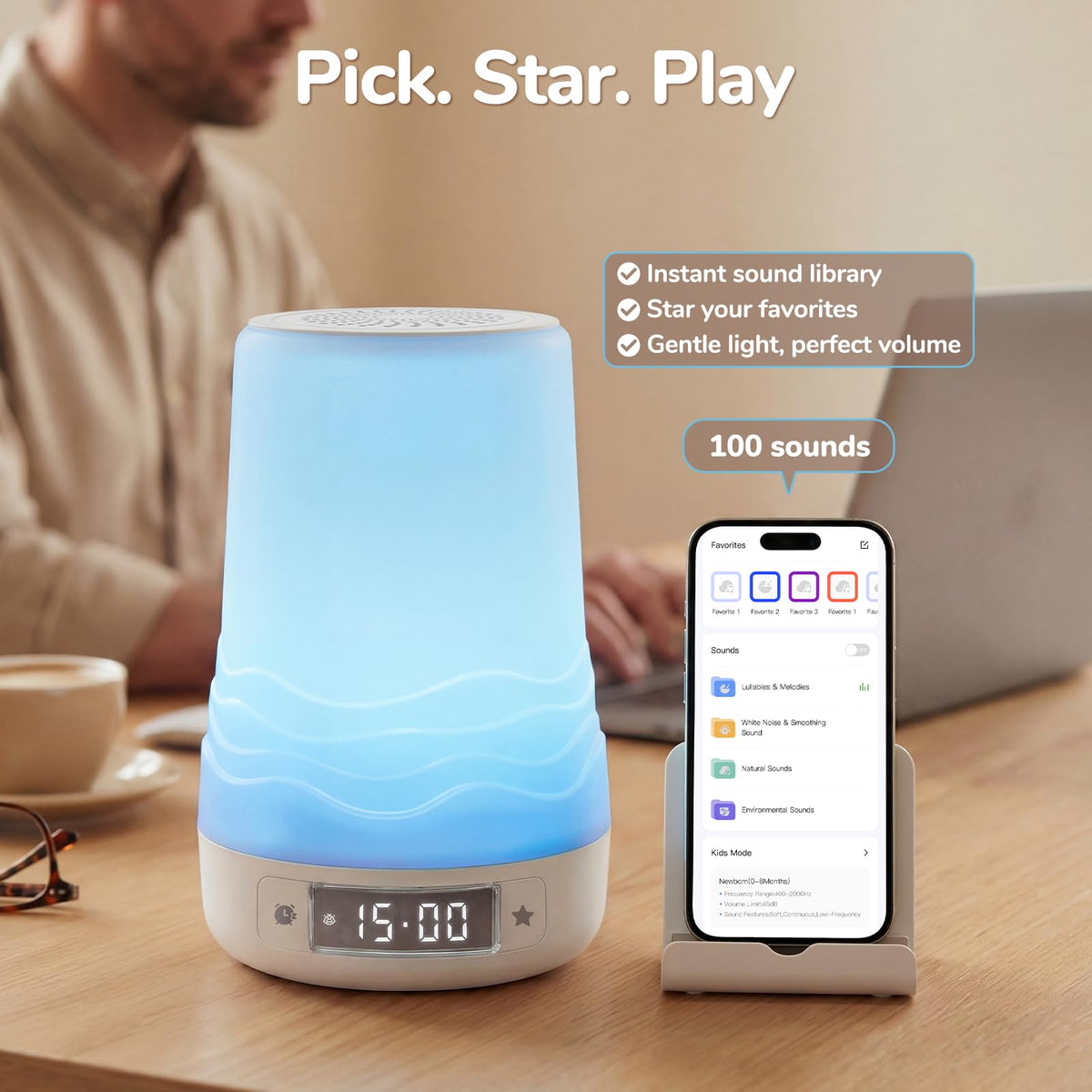 Mewaii Máquina de ruido blanco para bebés y adultos, luz nocturna RGB de 360°, detección de llanto con IA, control por app, 100 sonidos relajantes, creador de rutinas de sueño, artículos esenciales pa