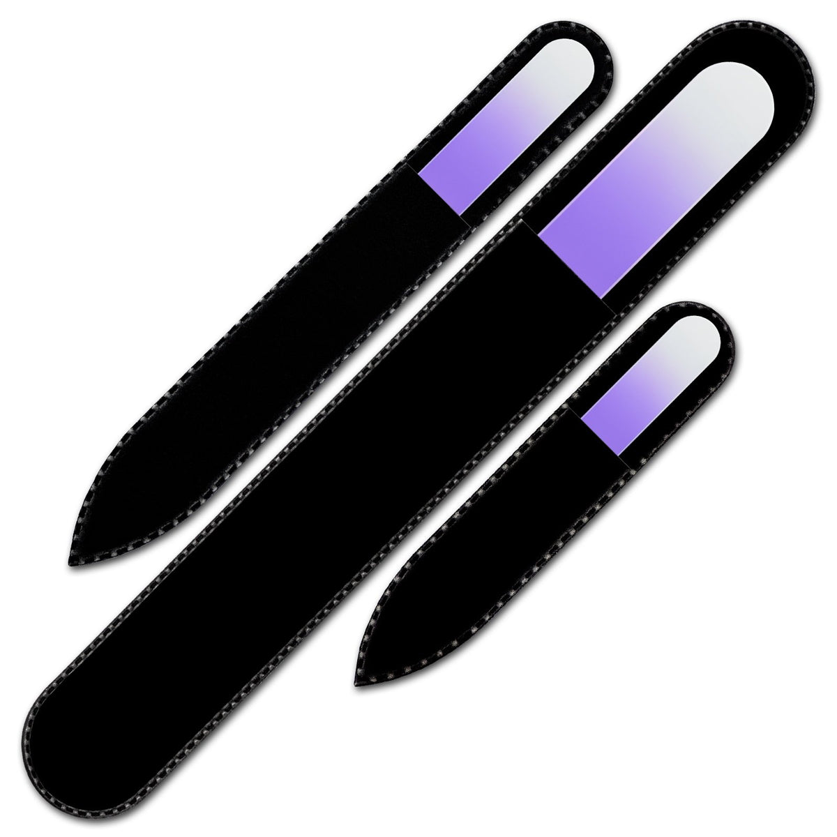 Juego de 3 limas de uñas de vidrio en bolsa de terciopelo, colores arcoíris, auténtico vidrio templado checo, garantía de por vida, hecho a mano en la República Checa, Lila Blanco